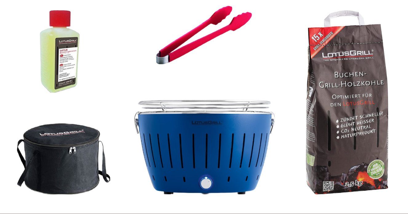 LotusGrill Holzkohlegrill LotusGrill Starter-Set Classic 1x Grill Tiefblau 5 teilig