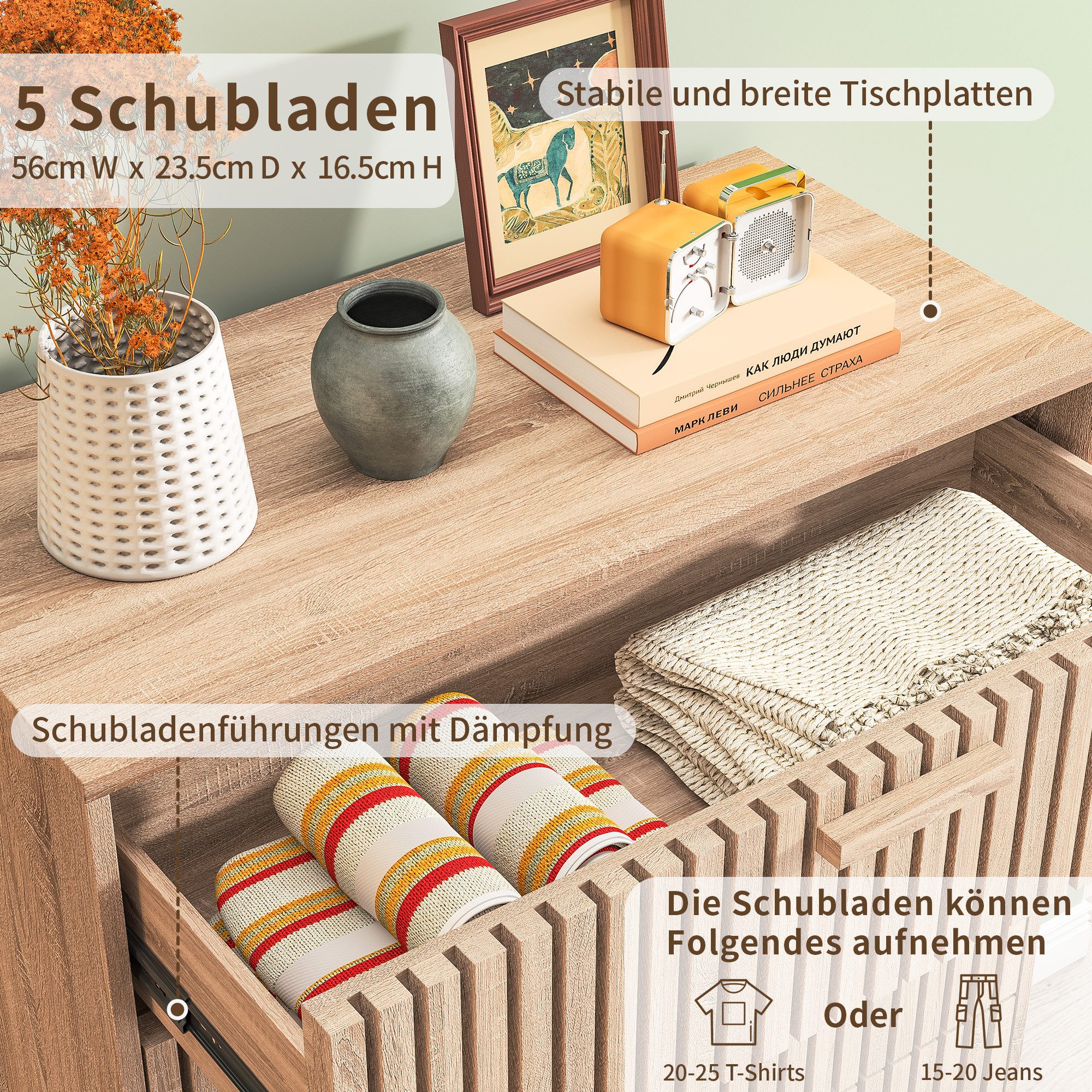 FUROKOY Sideboard Kommode Mit rutschfesten Tischbeinen und Kippschutzvorrichtung, 91x34x60 cm,Mit 4 Schubladen,Mit geräuscharmem Dämpfungsschlitten – Bild 5 von 5