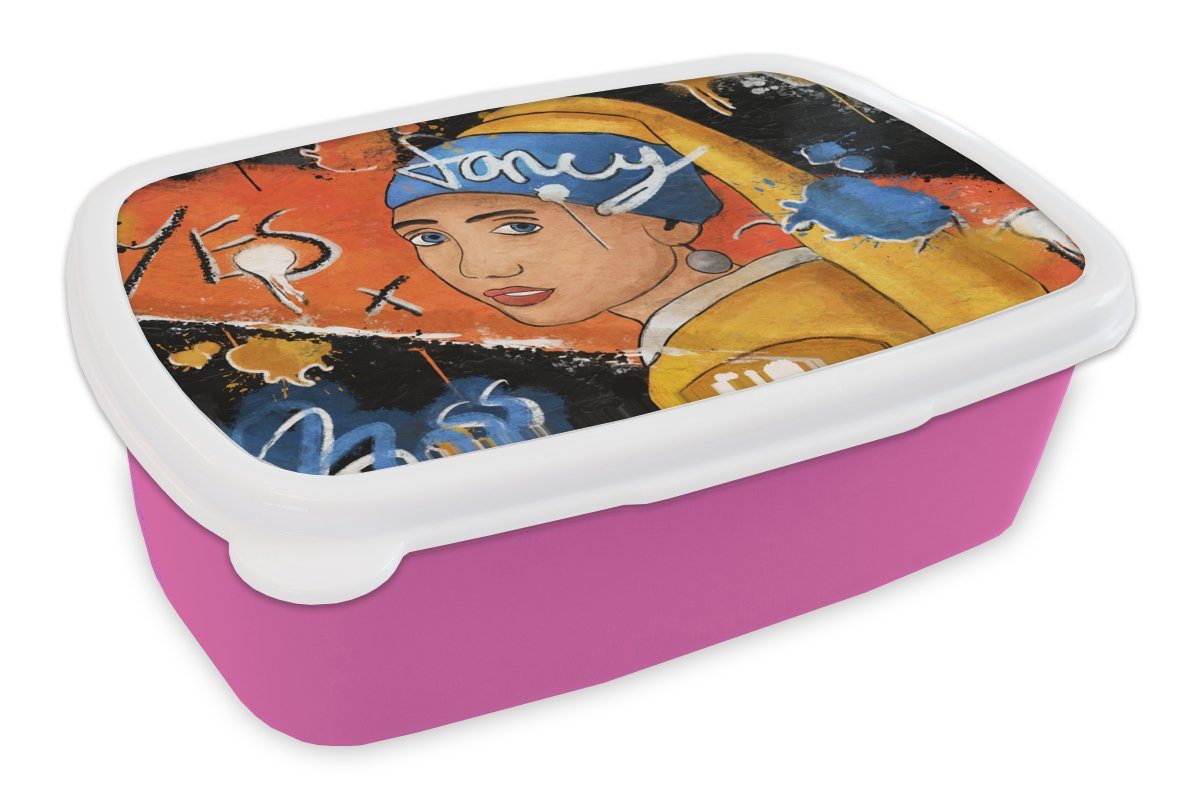 MuchoWow Lunchbox Das Mädchen mit dem Perlenohrring - Urban - Vermeer, Kunststoff, (2-tlg), Brotbox für Erwachsene, Brotdose Kinder, Snackbox, Mädchen, Kunststoff rosa