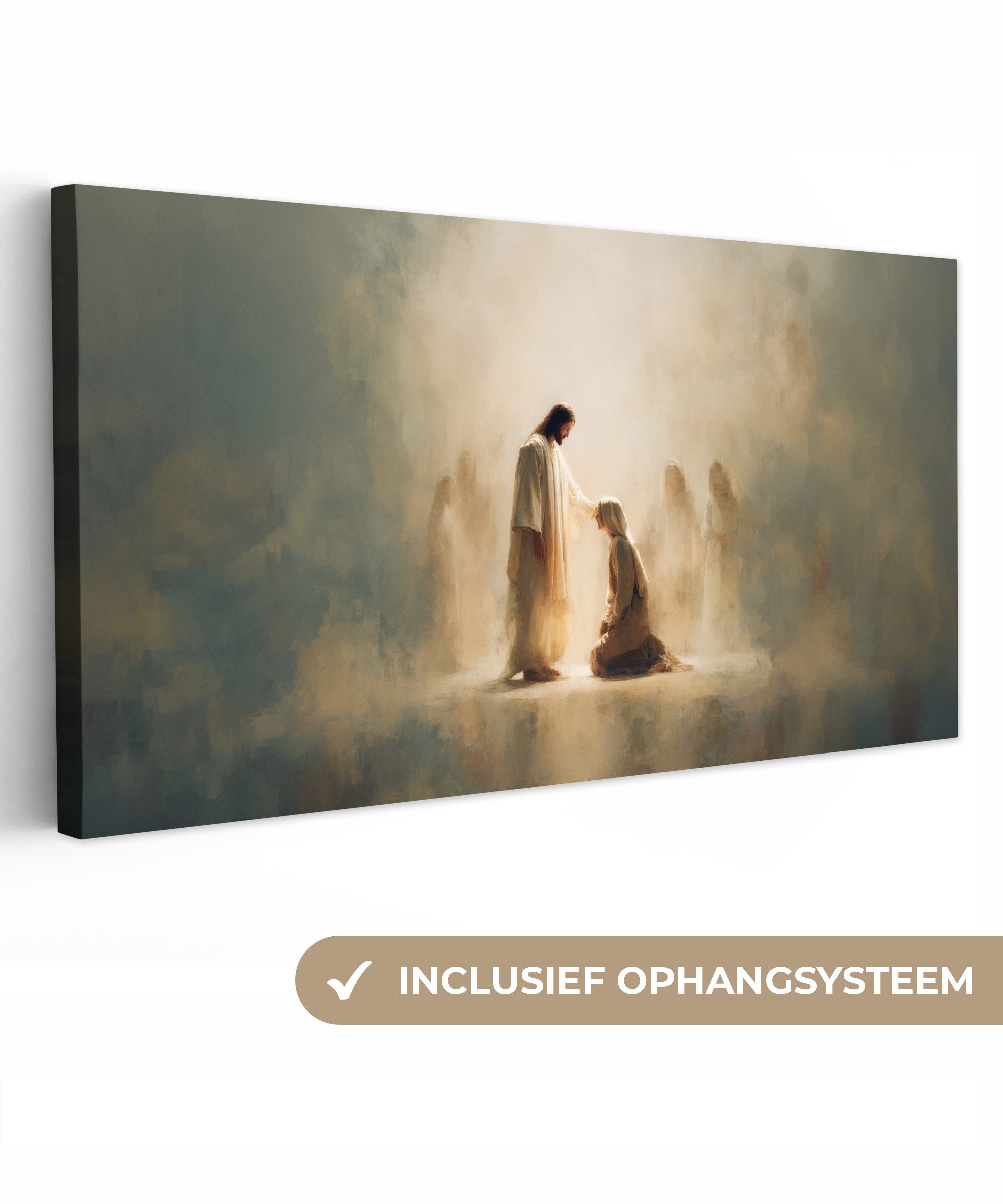 OneMillionCanvasses® Leinwandbild Panorama Kniend - Beige - Abstrakt - Jesus, Fotodruck (1 St), Wandbild, Deko Schlafzimmer Wohnzimmer Flur 40x20 cm