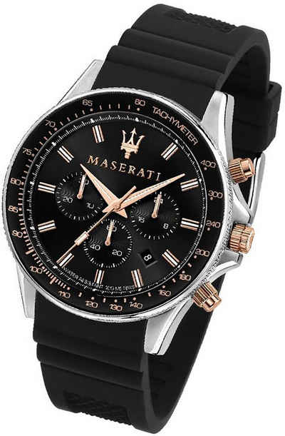 MASERATI Chronograph Maserati Silikon Armband-Uhr, (Chronograph), Herrenuhr Silikonarmband, rundes Gehäuse, groß (ca. 44mm) schwarz