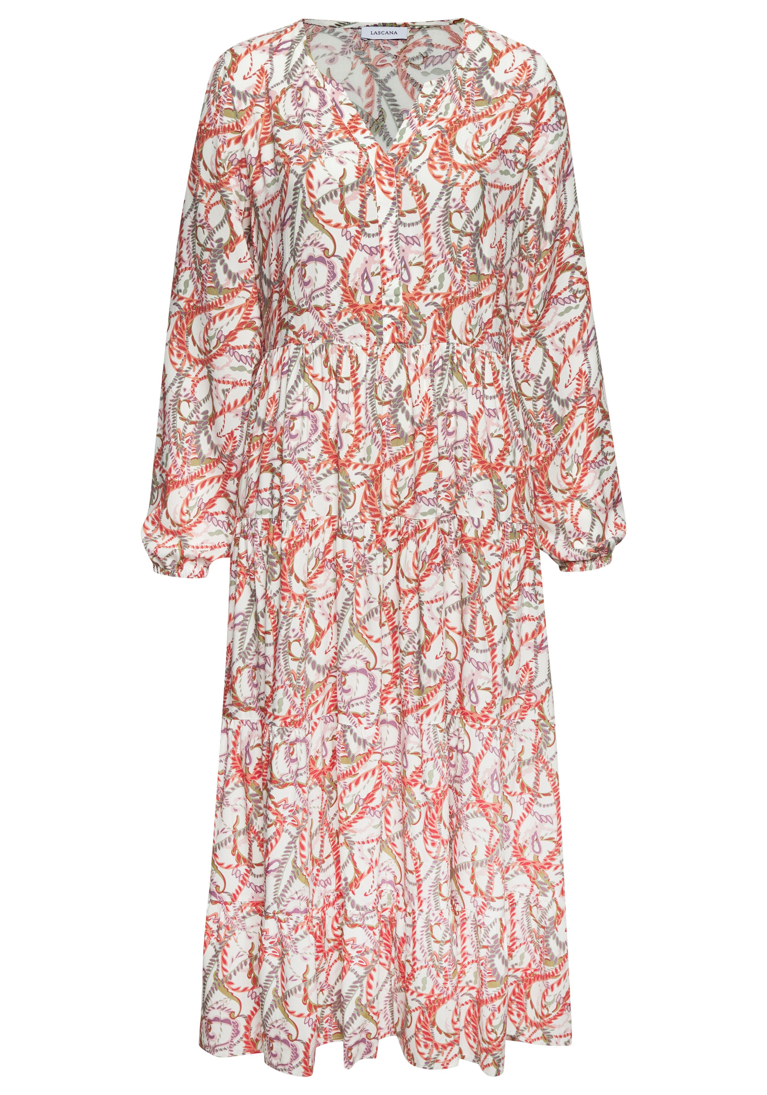 LASCANA Maxikleid mit Alloverprint und V-Ausschnitt aus Viskose, locker bequemer Look Langärmliges Webkleid, Sommerkleid, lockeres Kaftankleid, Druckkleid – Bild 2 von 5