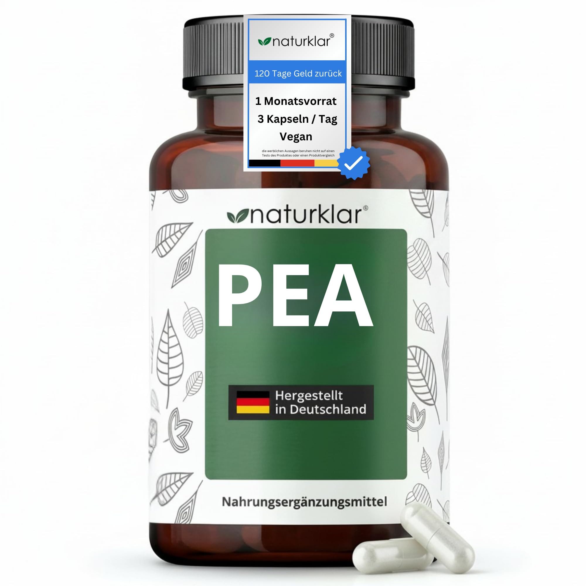 Naturklar PEA Kapseln 1200 mg Tagesdosis 90 Kapseln vegan laborgeprüft Kapseln, 45 g