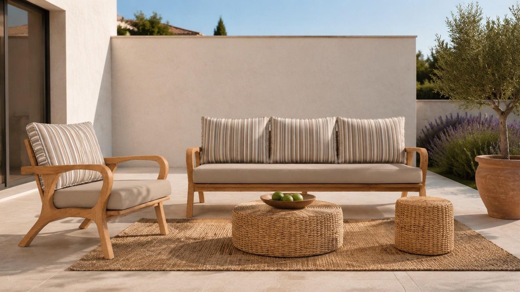 Xlmoebel Gartenlounge-Set Gartenlounge Set 3-Sitzer sofa Sessel Beige Kissen Elegant Gemütlich, (2-tlg., 2-tlg)
