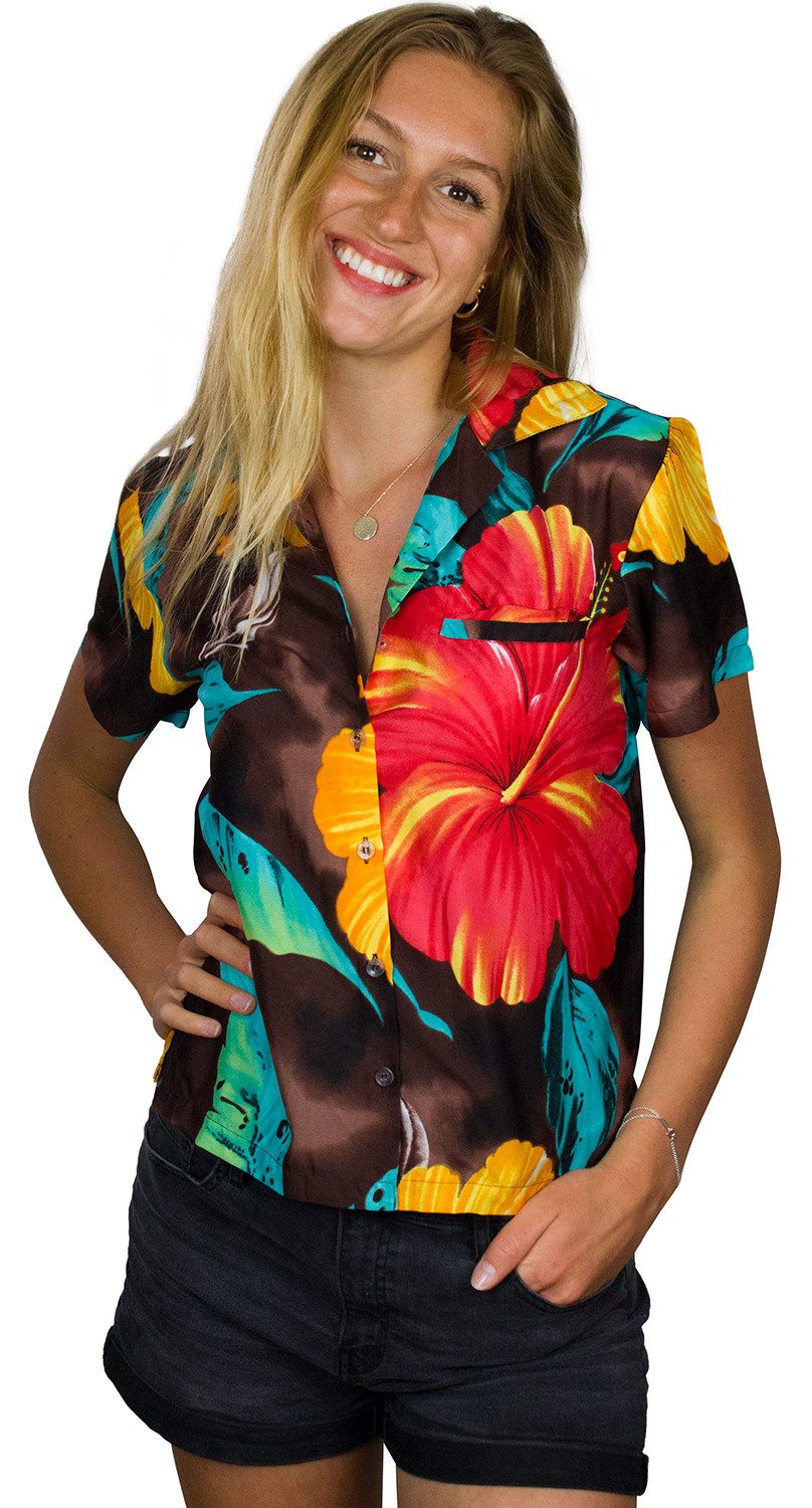King Kameha Hawaiihemd Big Flower Funky Hawaiibluse Damen Kurzarm Front-Tasche Stylish