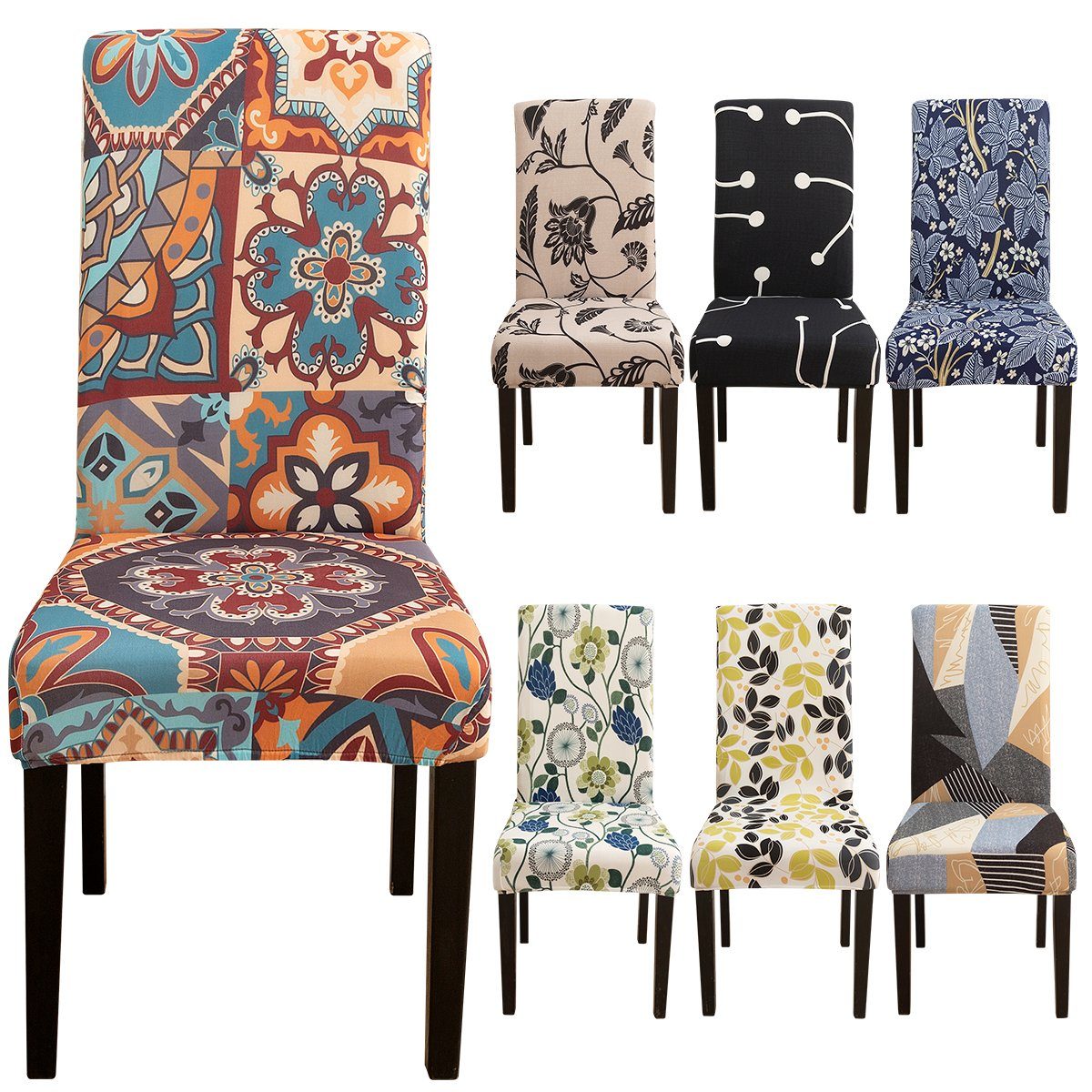 Stuhlhusse Geometrische Stuhlhusse Set mit Sitzflächenhusse in Farben, Farbe#1 Blumenmuster 7 Party BTTO, langlebig&dehnbar,Esszimmer Erhältlich, Dekor Floral