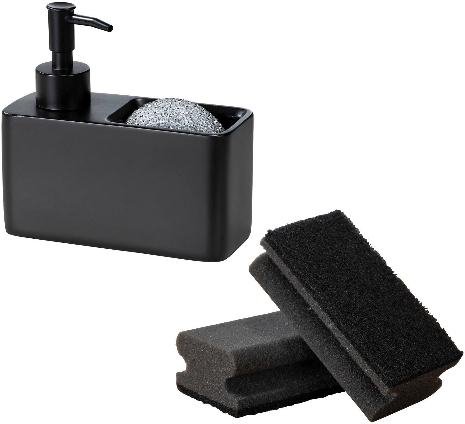 WENKO Дозаторы для моющих средств Modell Resa, (Set, 3-tlg), inkl. Schwammfach mit Schwamm und 2 Grillreinigunsgschwämmen