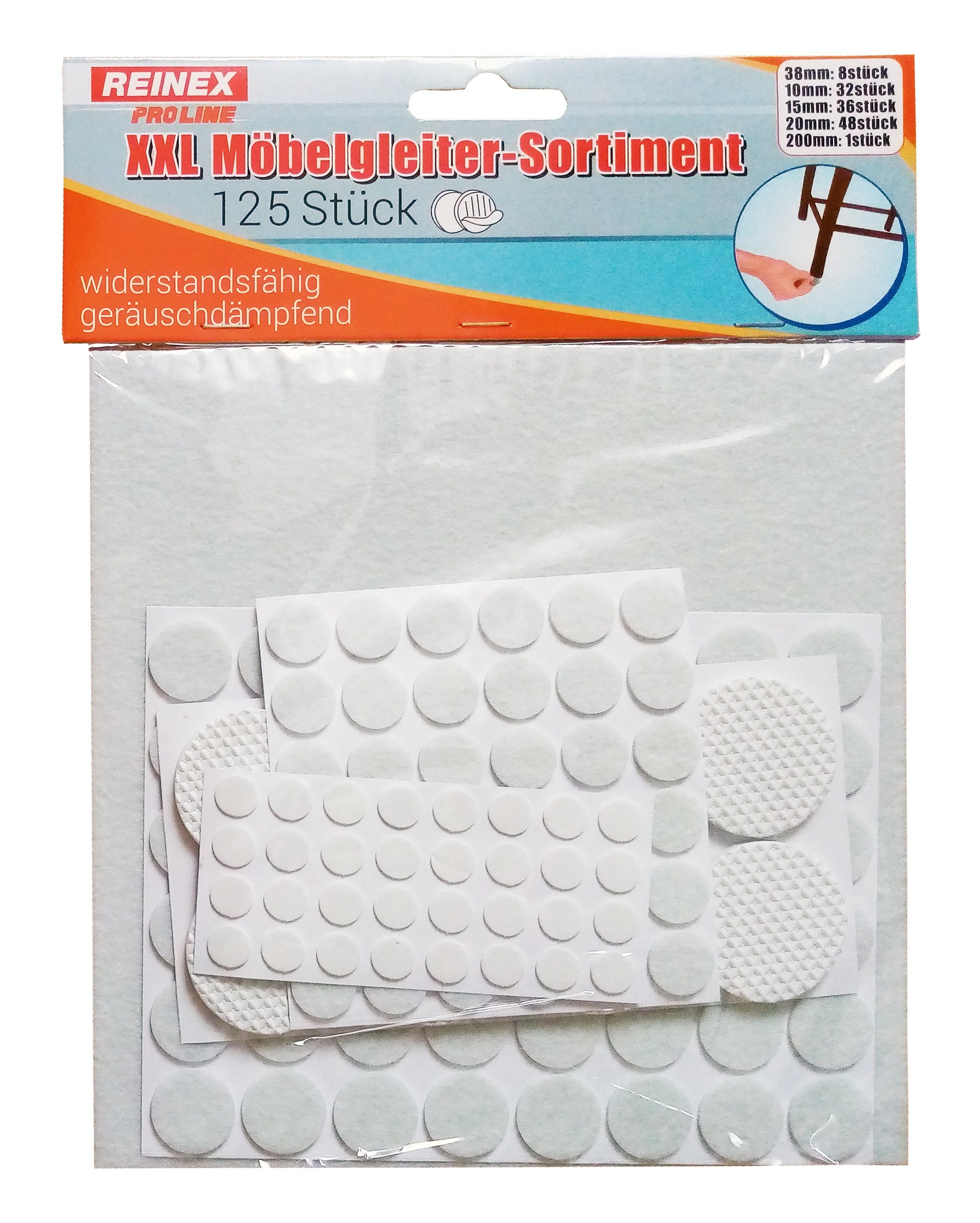 Reinex Filzgleiter MÖBELGLEITER SET 125-Stück selbstklebend Filzgleiter Stuhlgleiter 26, Ø10mm/15mm/20cm/38mm/20x20cm Filz Möbel Stuhl rund eckig – Bild 2 von 2