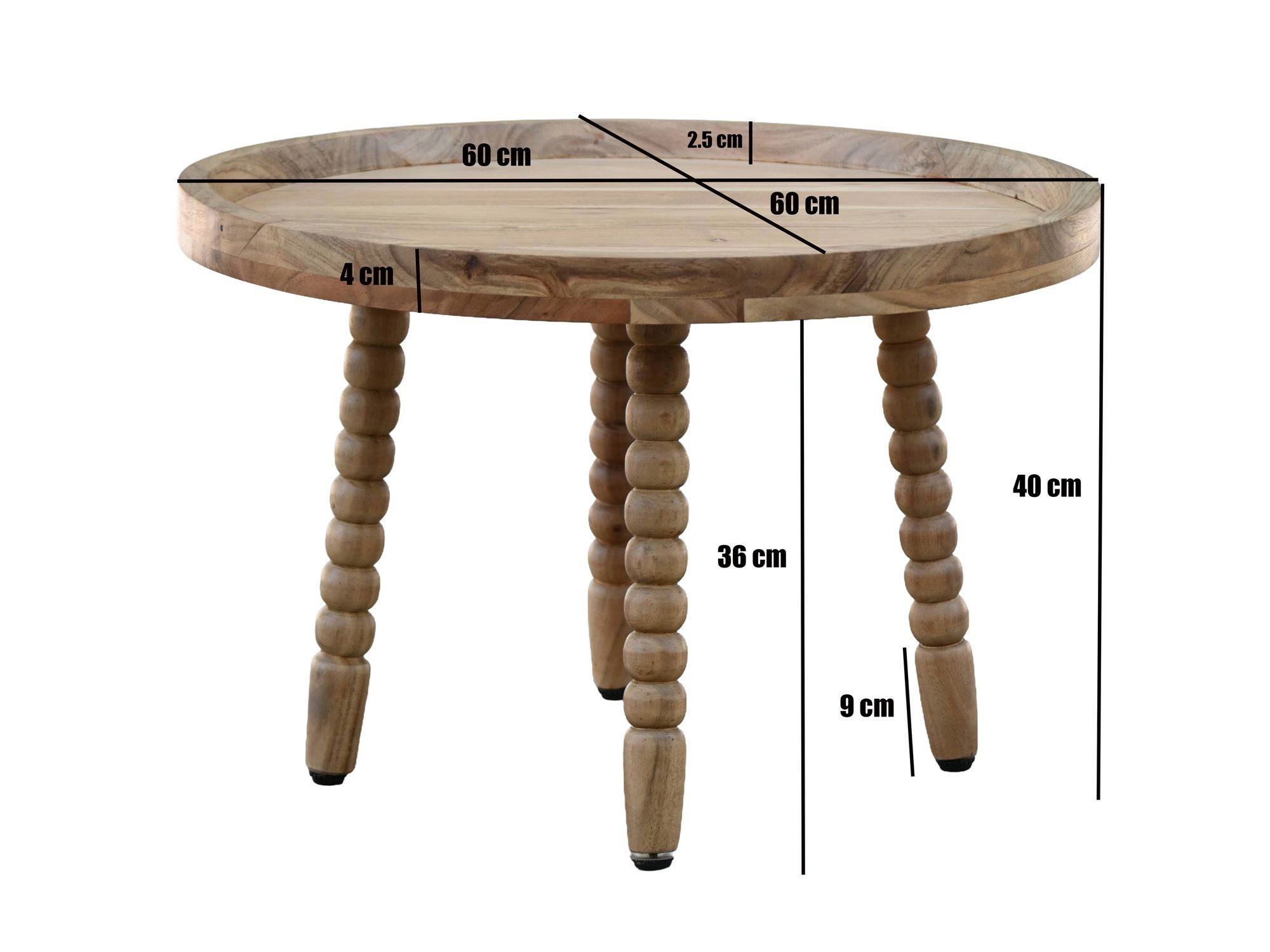 FINEBUY Couchtisch FB117841 Massivholz 60cm Sofatisch Beistelltisch Kaffeetisch Tisch (Traditioneller Wohnzimmertisch aus Akazienholz), Runder Kaffeetisch mit dekorativen Beinen
