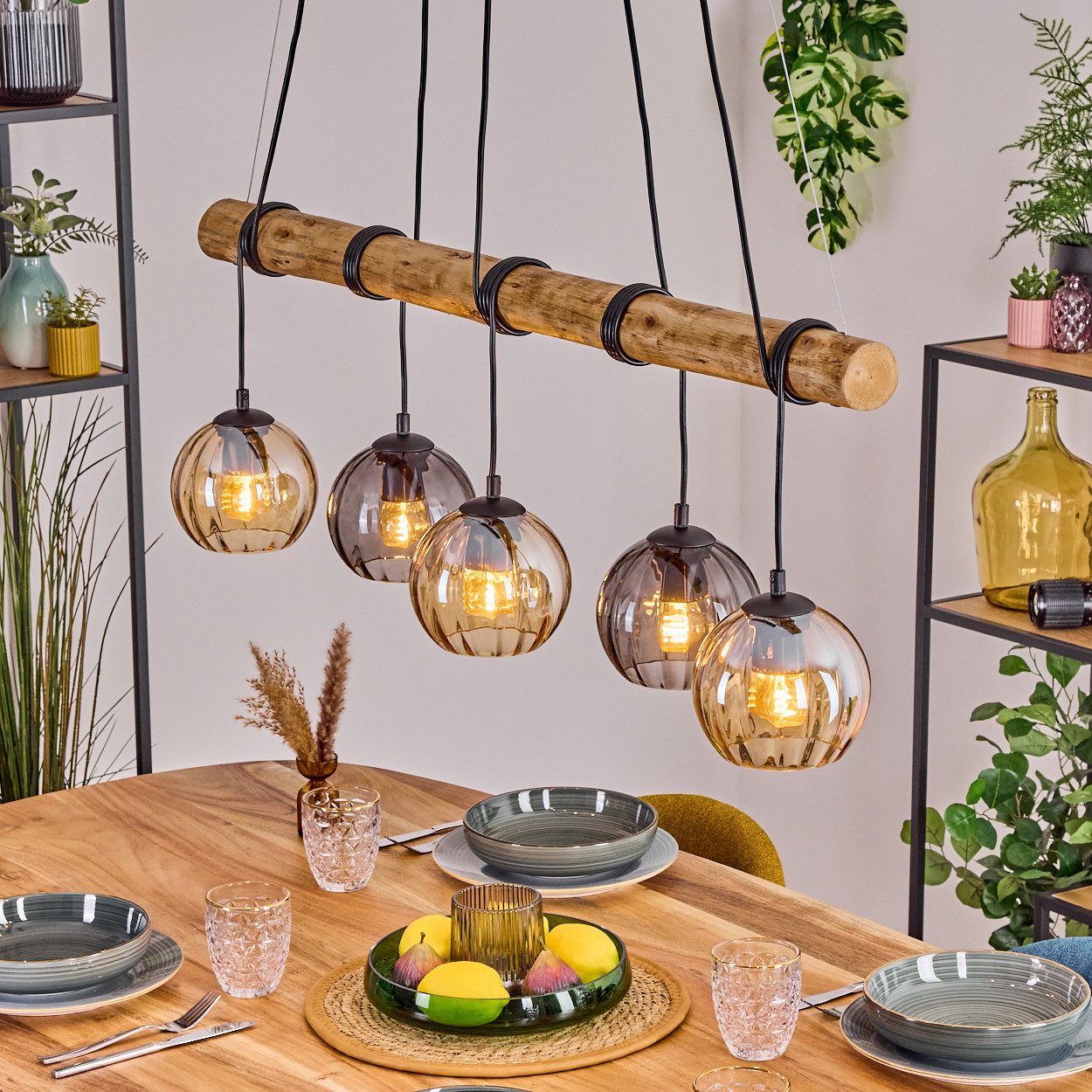 Pendelleuchte Hängelampe aus Metall/Holz/Riffelglas in Schwarz/Natur/Bernstein/Rauch