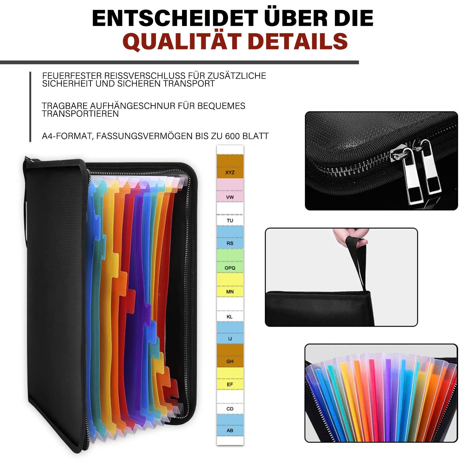MOPUEA Dokumententasche Feuerfeste Dokumententasche Handtasche mit 13 Fächer wasserabweisend (1-tlg. Dokumententasche mit 13 Fächern und Reißverschluss, Große D – Bild 4 von 5