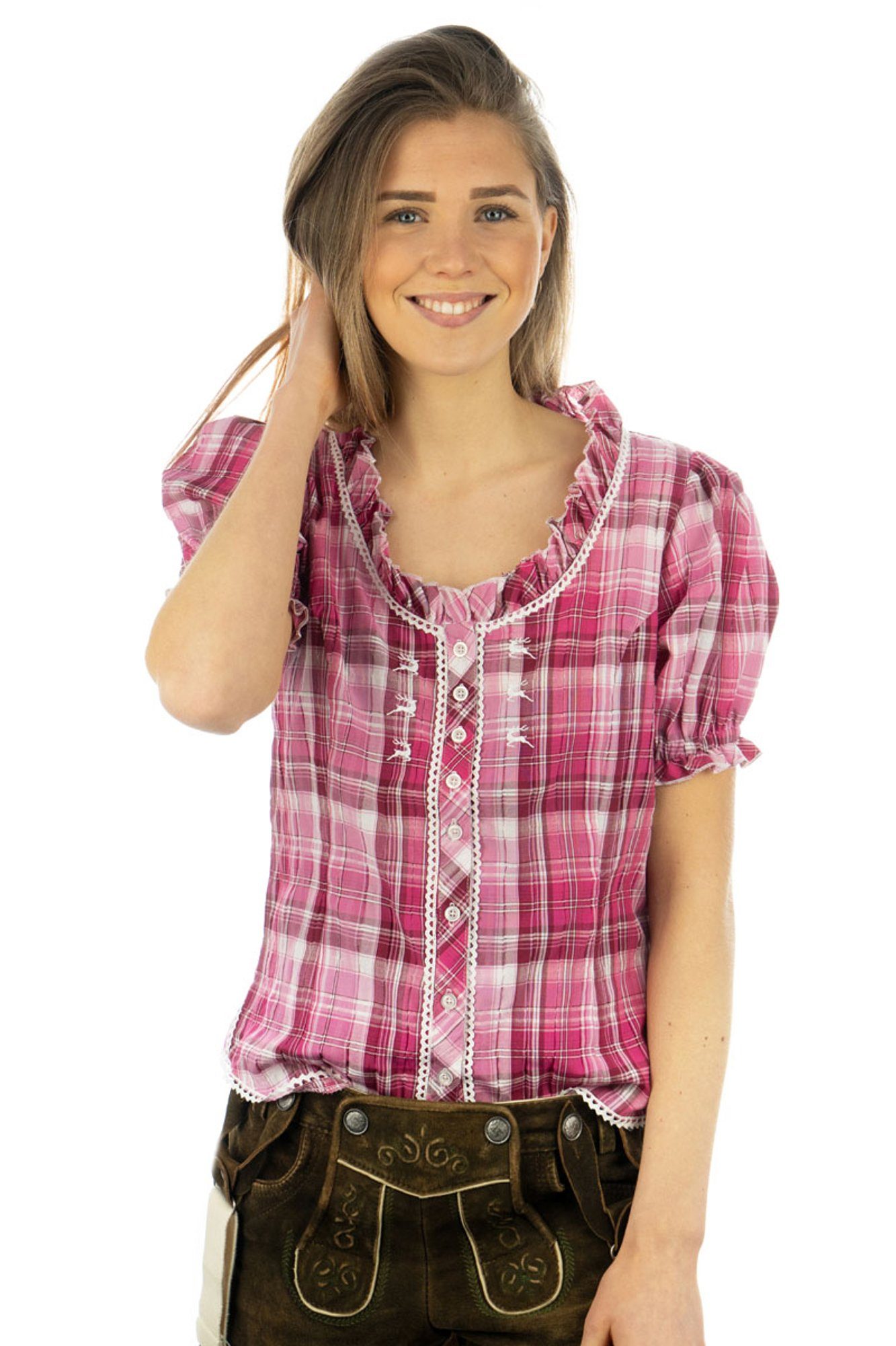 Damen dunkelrot Trachtenbluse Kurzarmbluse OS-Trachten Smussu mit Kräuselärmel