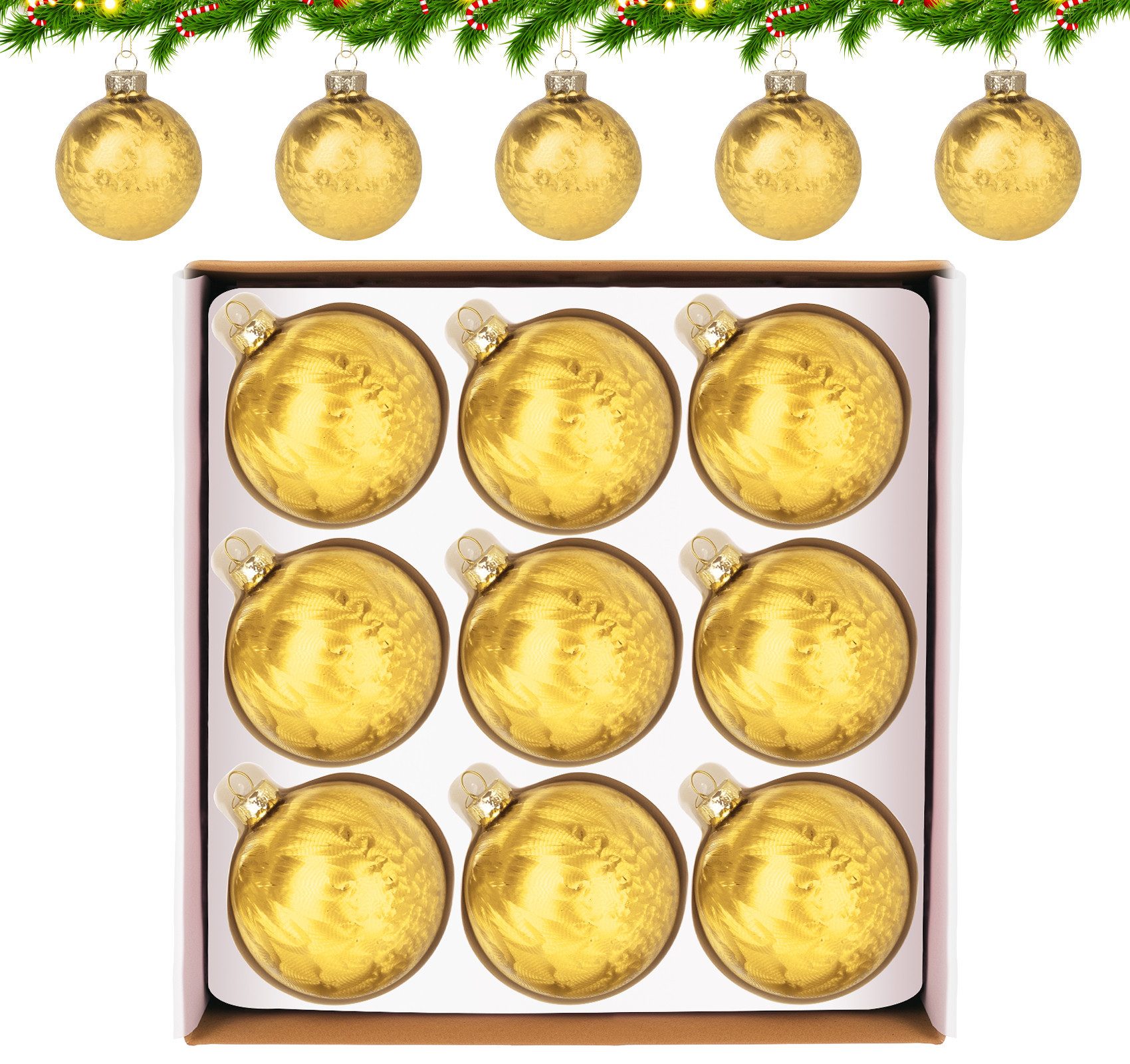 Homewit Weihnachtsbaumkugel Ø 8cm, Feder Textur Muster, mit Umhängeband (9 St), für Christbaum Girlanden Deko