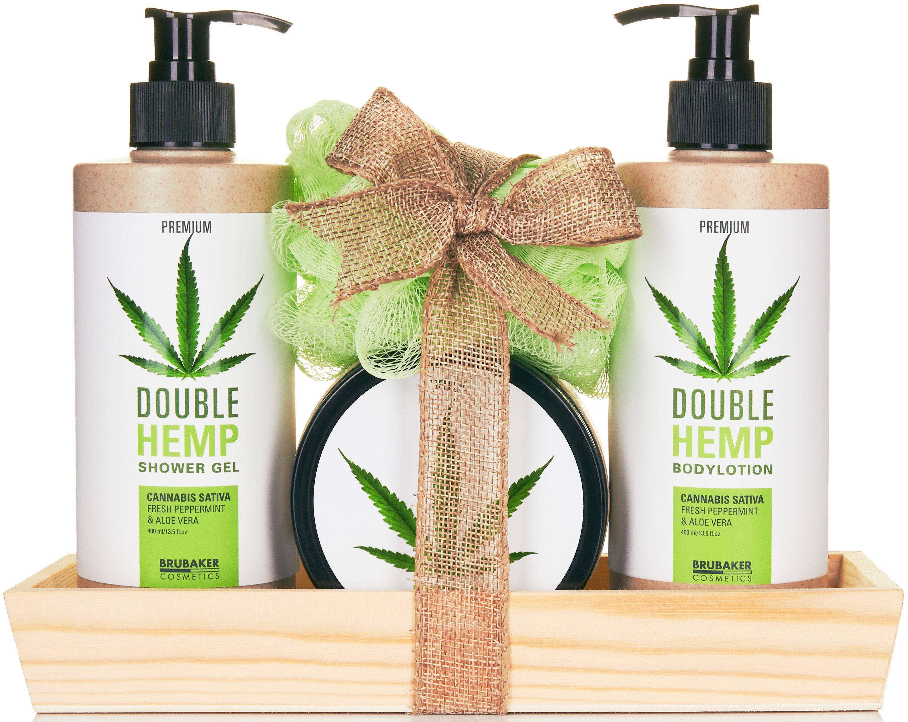 BRUBAKER Pflege-Geschenkset Hanf Beauty Geschenkset mit Minze & Aloe Vera Duft, 5-tlg., Damen Badeset mit Deko-Tablett aus Holz, Beauty Pflegeset für Frauen