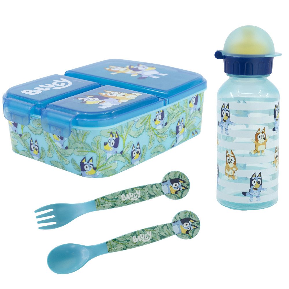 Bluey Lunchbox Bluey Bingo Kinder 4 teiliges Set 3 Kammern Brotdose, Kunststoff, (4-tlg), Trinkflasche 370 ml Besteck