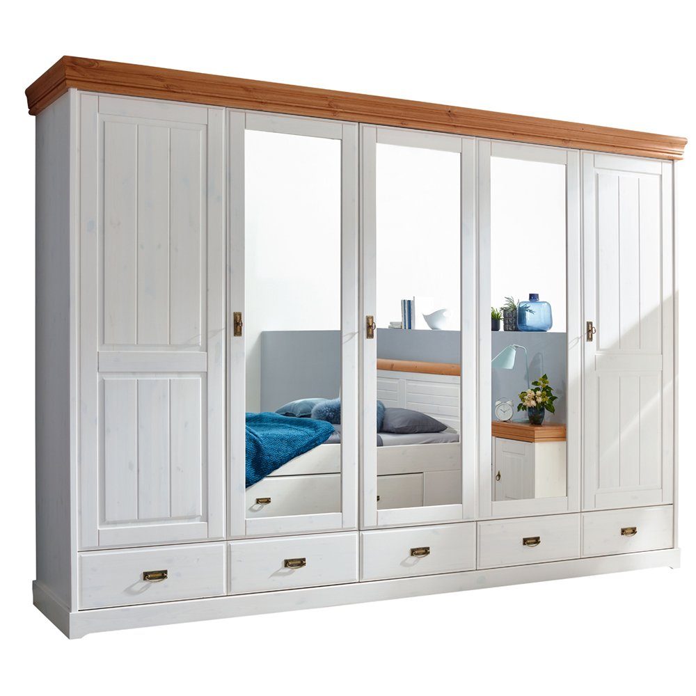 Lomadox Kleiderschrank SAVONA-69 Kiefer massiv weiß gewachst mit honigfarben, 3 Schubkästen, 5 Türen