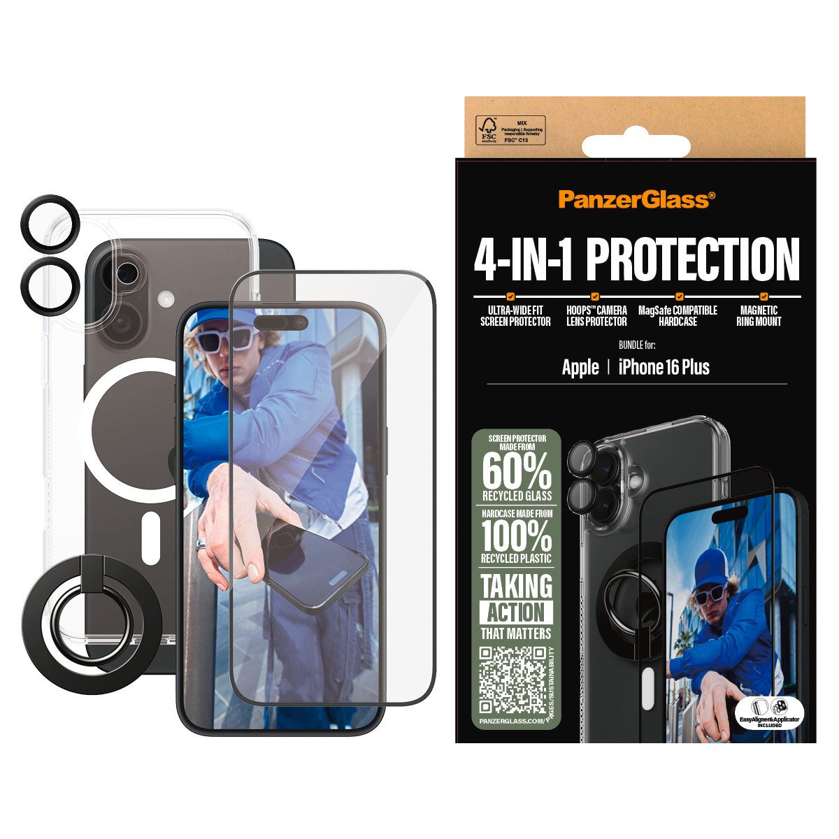 PanzerGlass Displayschutzglas 4-in-1 Protection, Glass, Hoops, Case, Ring Mount für Apple iPhone 16 Plus, Displayschutzfolie, Schutzfolie, Bildschirmschutz, kratz- & stoßfest