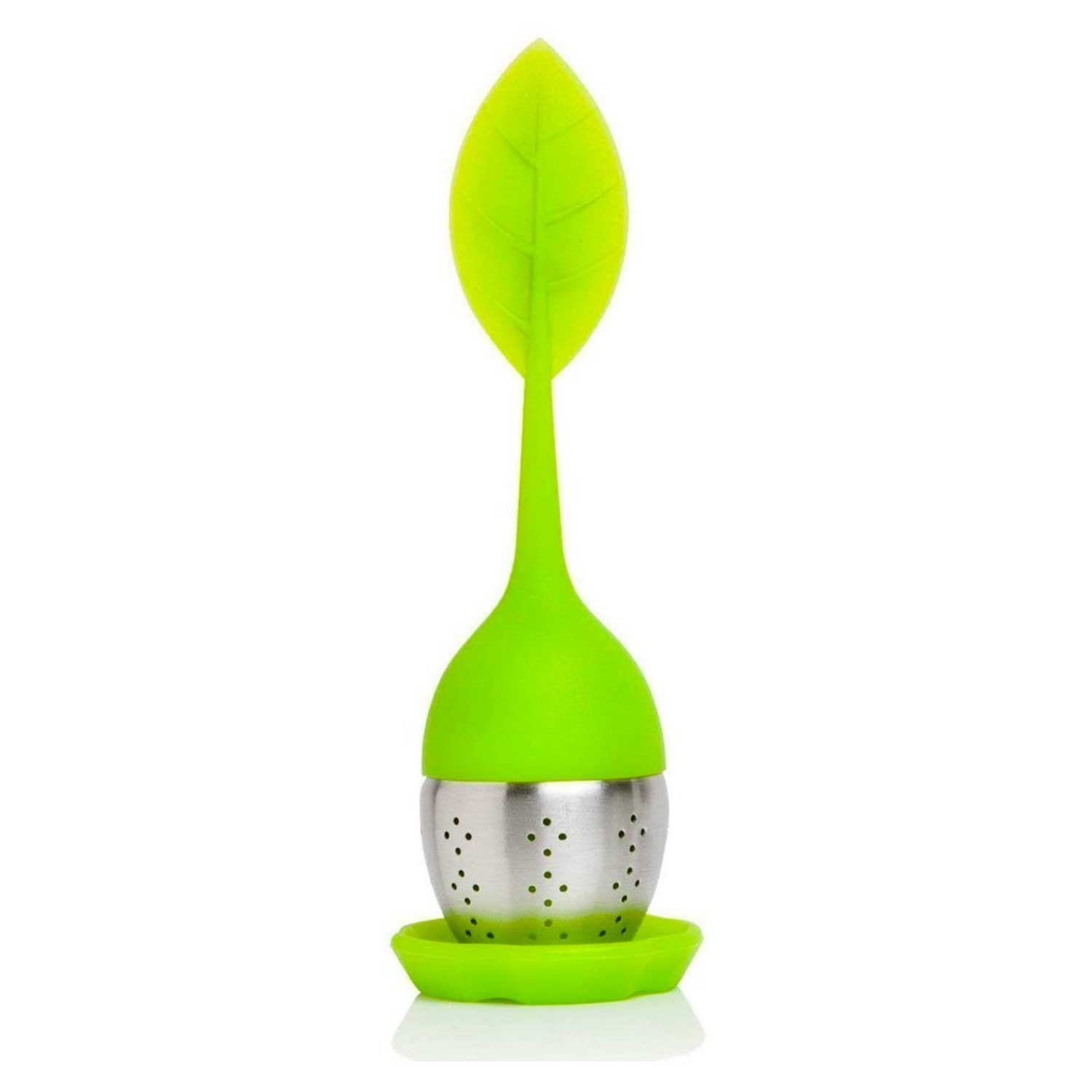 Malantis Teesieb Malantis Teesieb, grünem Blattgriff, Edelstahl & Silikon + Untersetzer, (Teesieb, Teekugel, Teefilter BPA frei, 1-St., für losen Tee), aus rostfreiem Edelstahl und Griff aus Silikon inkl. Untersetzer!