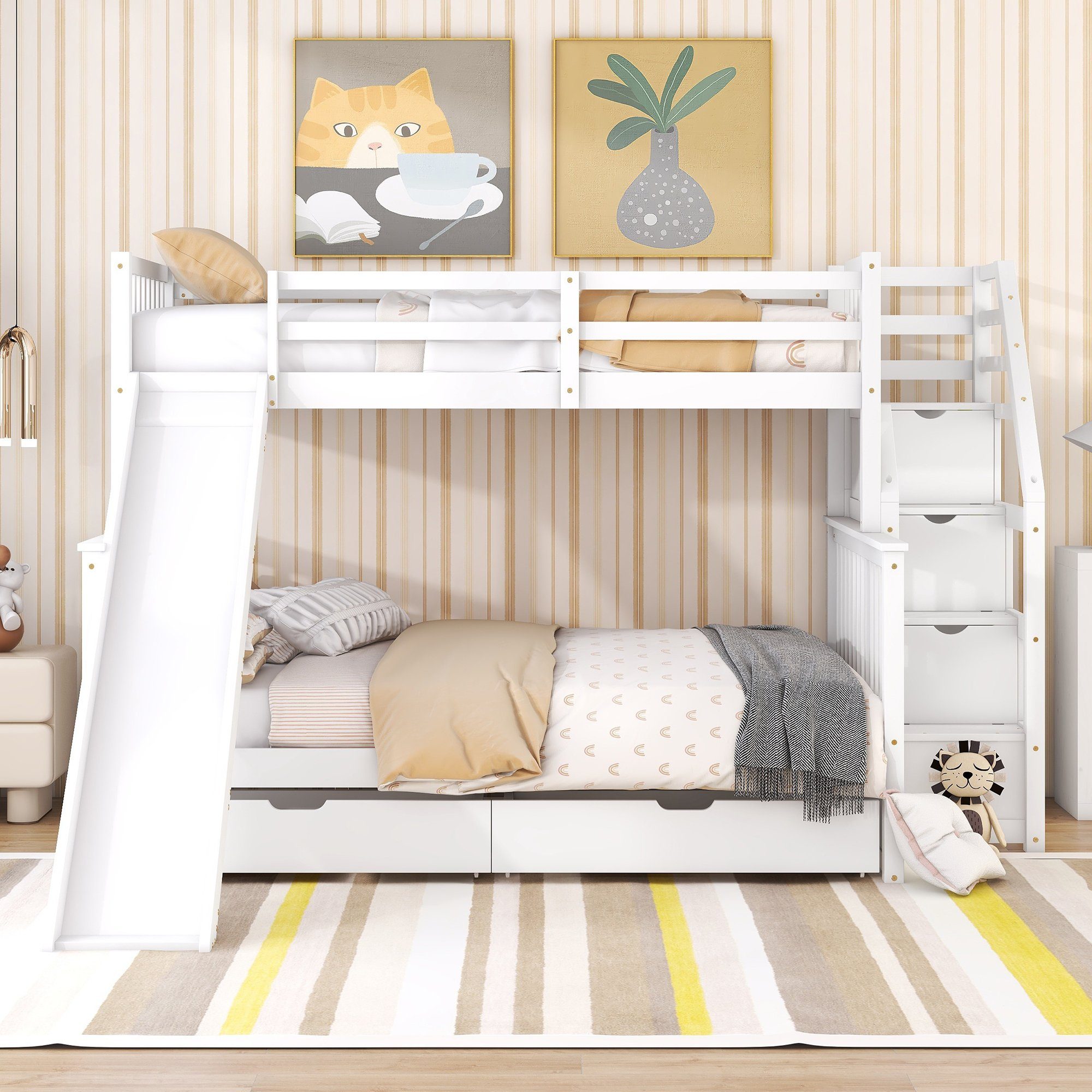 REDOM Kinderbett Etagenbett Bett Gästebett Einzelbett Funktionsbett (mit  Schubladen, Stauraum und Rutsche, multifunktional, 90 x 200 über 140 x  200), Ohne Matratze