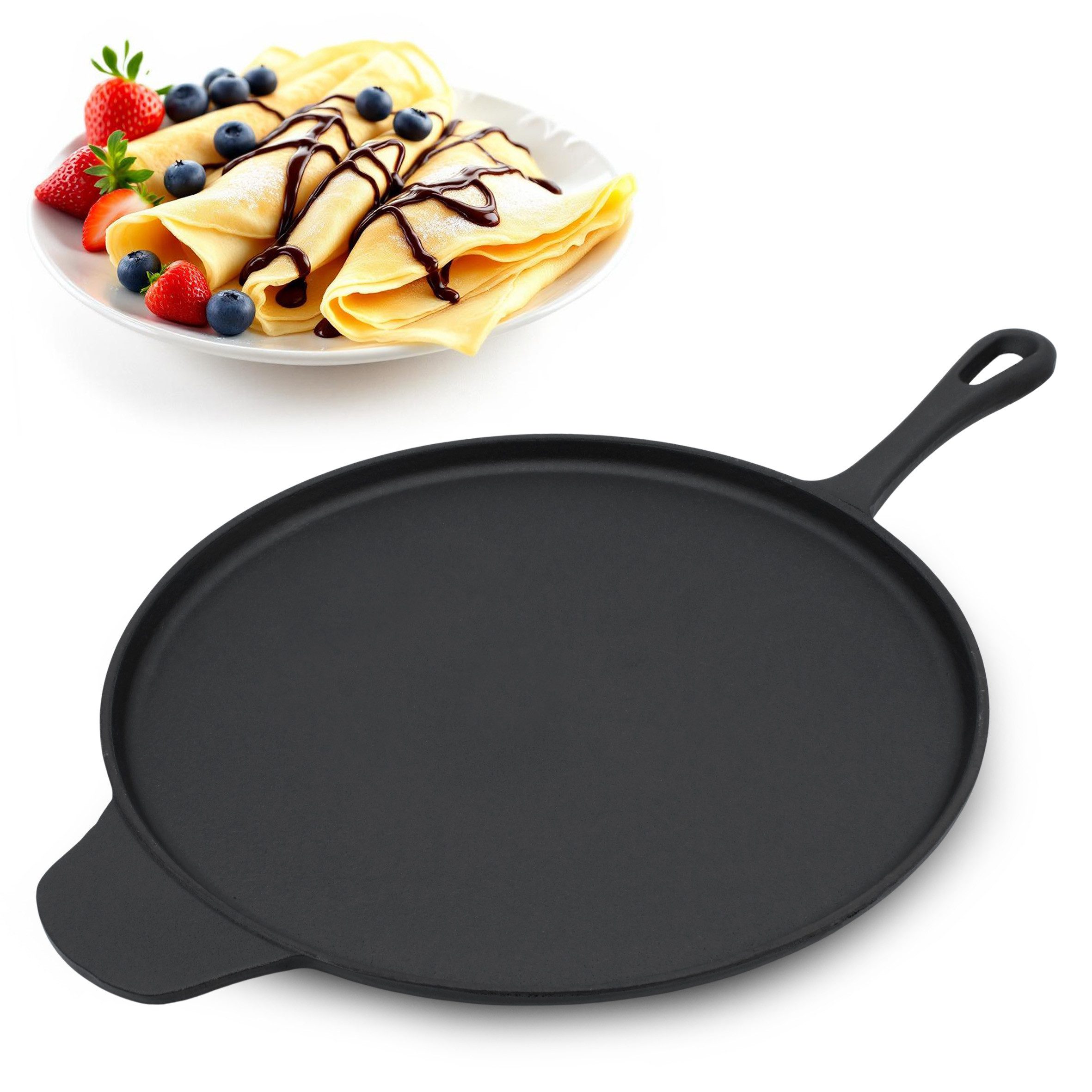 Spetebo Crêpepfanne Gusseisen Crêpes und Pizza Pfanne - Ø 30 cm, Gusseisen, Eisenpfanne für Herd Ofen und Grill