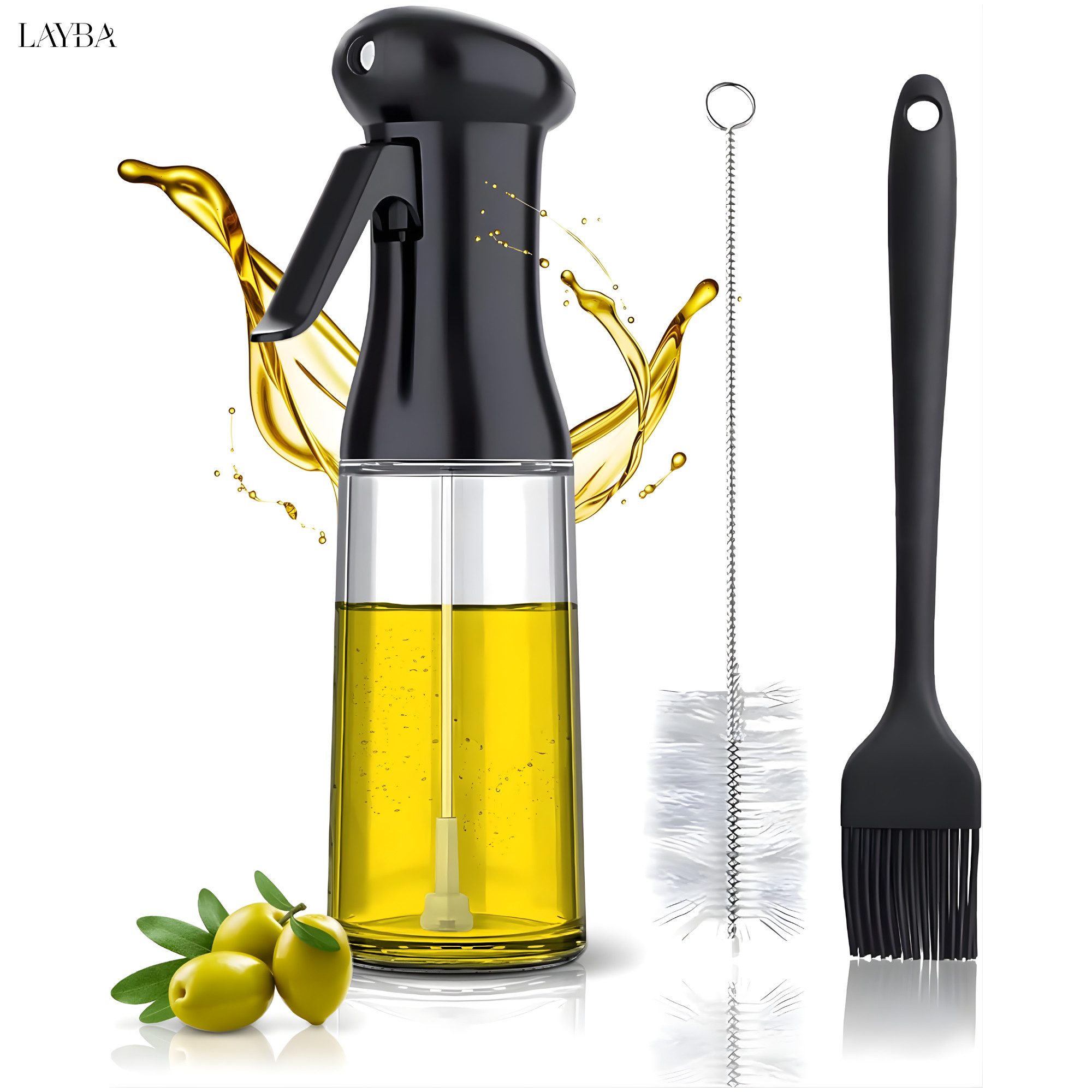 Layba Ölspender Öl Sprüher Öl Essig Sprühflasche Menage-Set 200ml mit Bürste & Pinsel, (Set, 3-teiliges Set), Tropffrei, Feiner Sprühnebel, Nachfüllbar, Ergonomischer Griff