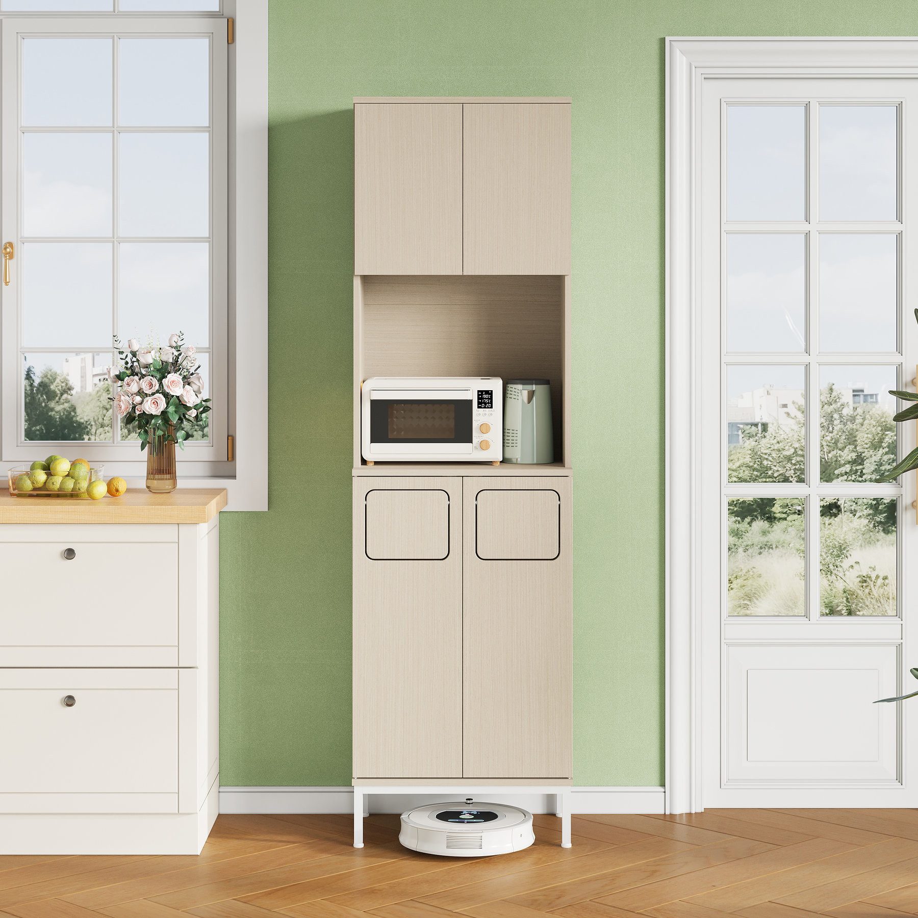 Odikalo Küchenbuffet Küchenschrank Hochschrank Mülleimer küche mit Stauraum (Trash Cabinet Küchenschrank mit Müllablage 181cm Hoher Hochschrank mit Mikrowellenfach & Müllbereich Höhenverstellbarer Stauraum für Staubsauger 53x35x181cm)