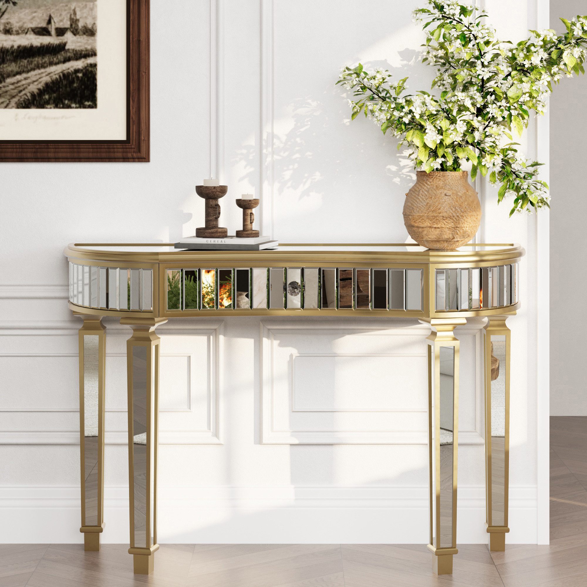 Celya Schminktisch 120 cm langer, halbmondförmiger Spiegelkonsolentisch (luxuriöser Sofatisch, Gold+Silber, moderner Schminktisch für Schlafzimmer, Ankleidezimmer, Wohnzimmer), mit geriffelter Glasplatte und Kristallknopfschublade