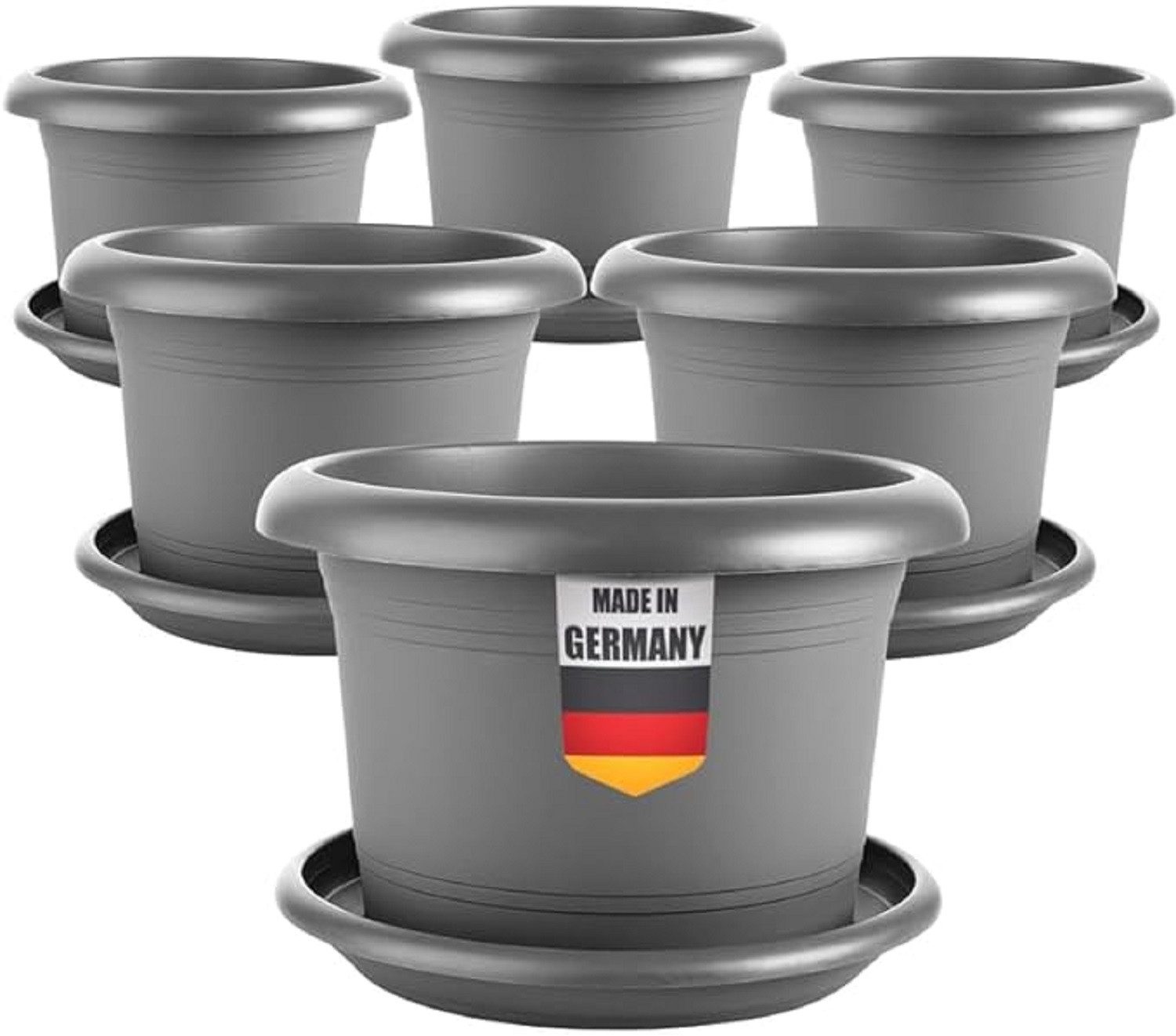 SUSTANIA Blumentopf Eleganter Pflanzkübel mit Untersetzern (6er Set 15 cm Durchmesser), Anthrazit Pflanztopf rund