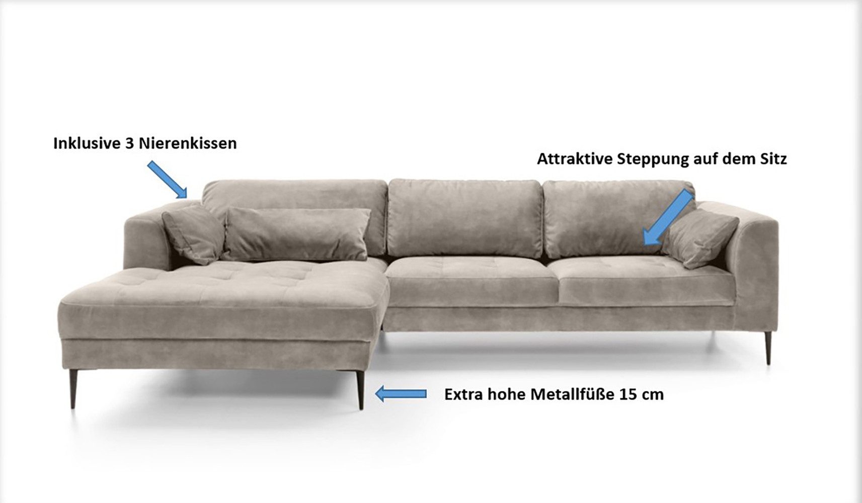 TRENDMANUFAKTUR Ecksofa Luzi, wahlweise mit Schlaffunktion & Bettkasten., L-Form, Designsofa mit tollem Sitzkomfort, Metallfüße schwarz, Breite 280 cm
