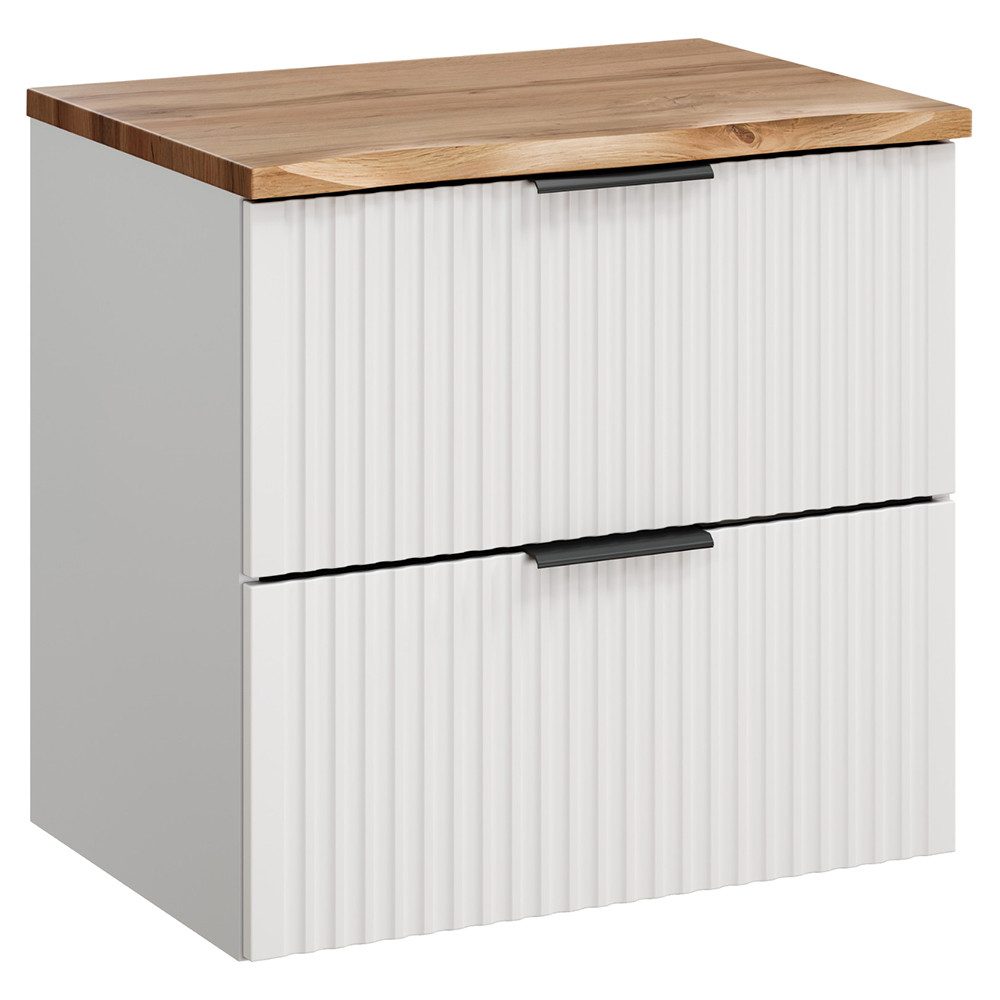 Lomadox Waschbeckenschrank ADELAIDE-56-WHITE 60 cm breit, weiß matt mit gerillter Front, Eiche mit Baumkantenoptik