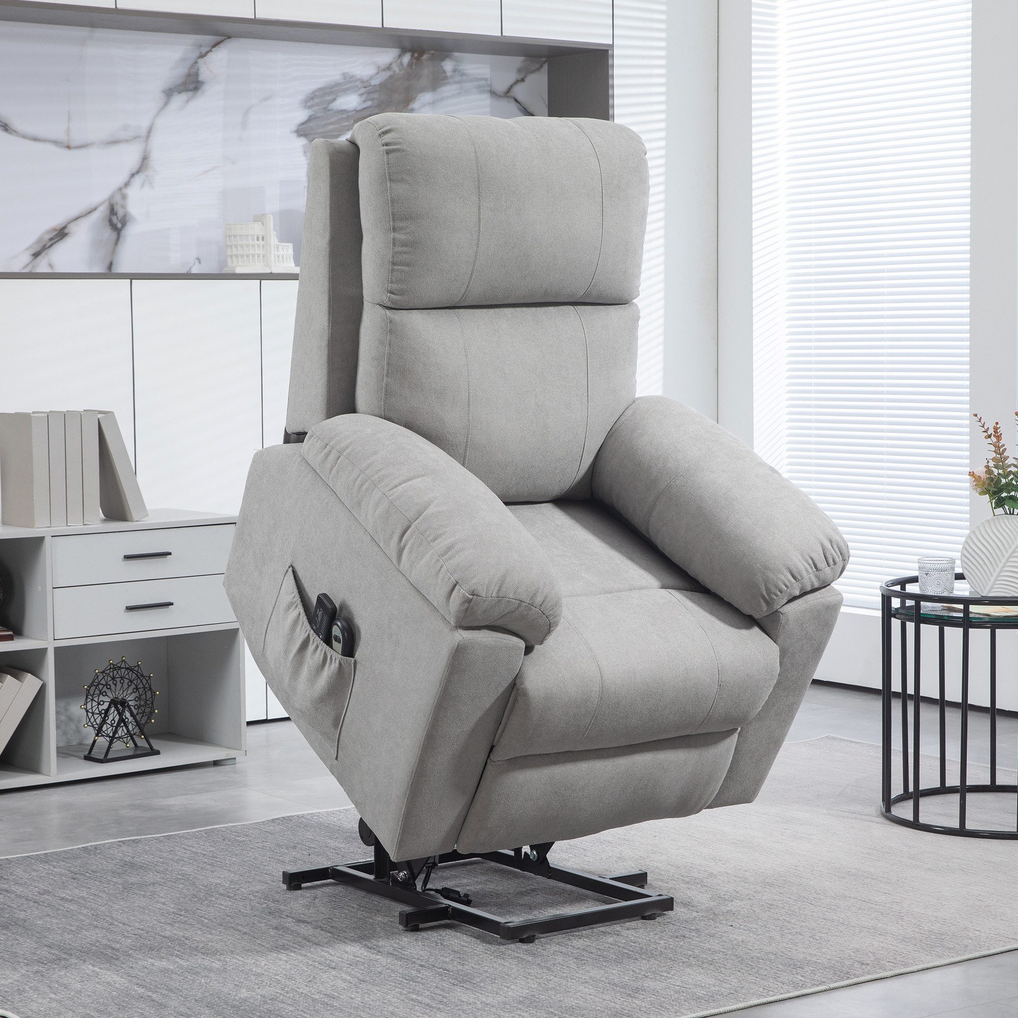 HOMCOM Massagesessel Sessel mit Aufstehhilfe mit Seitentaschen, Elektrischer Aufstehsessel (Fernsehsessel mit Fernbedienung, 1-St., Relaxsessel mit Liegefunktion), für Arbeitszimmer, Wohnzimmer, Hellgrau