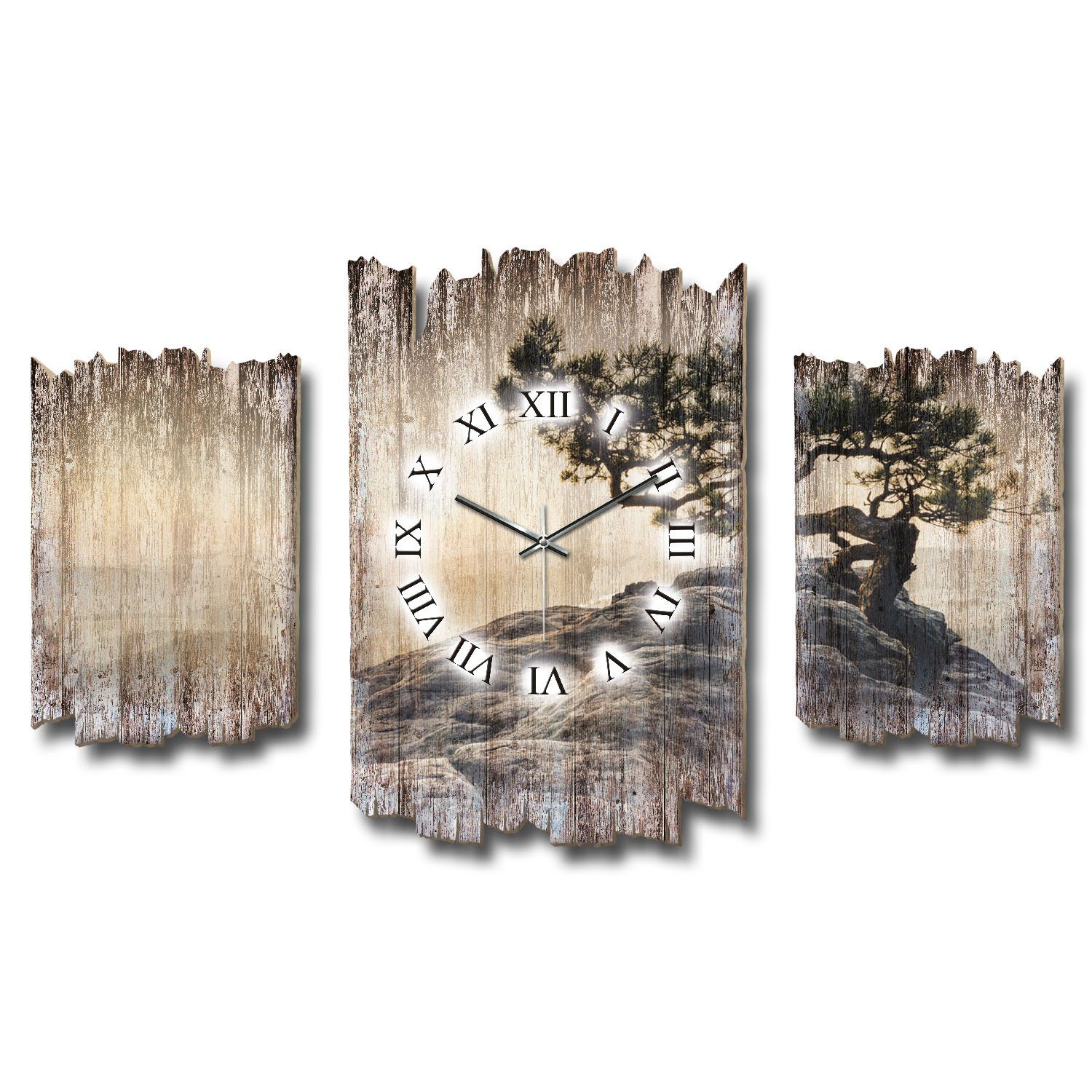 Kreative Feder Wanduhr 3-teilige DESIGNER-Wanduhr „Einsamer Baum“ im Shabby günstig online kaufen