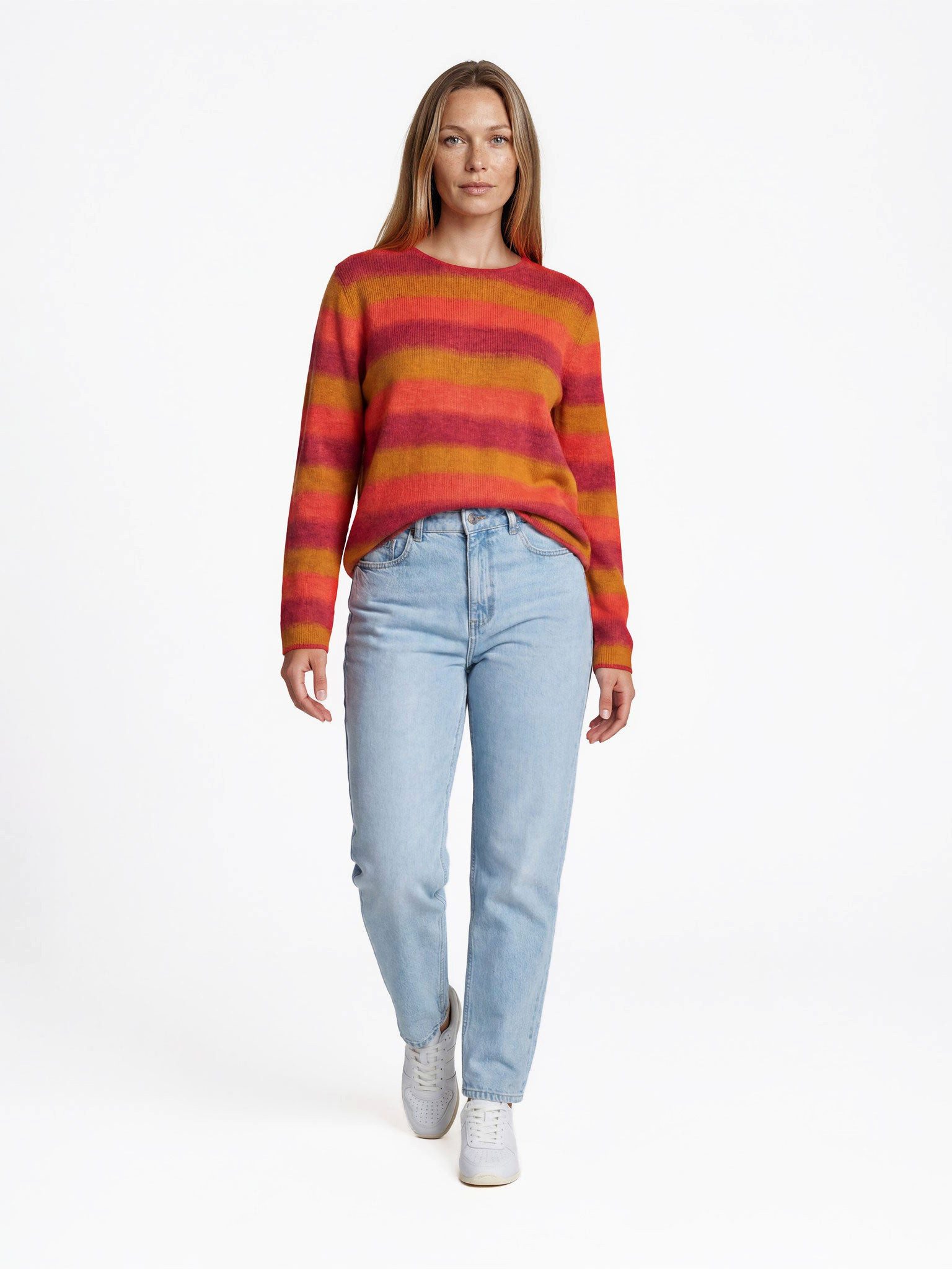 FRISTED Sweater Damen Rundhals Relaxed Fit Langarm Bio-Baumwolle Streifen Lockere Passform mit zurückversetzten Schultern und Melange-Strick – Bild 3 von 3