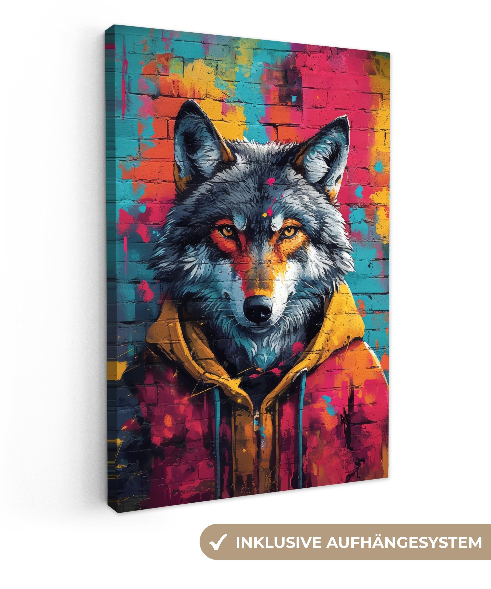 OneMillionCanvasses® Leinwandbild Graffiti - Wolf - Straßenkunst - Blau, Fotodruck (1 St), Leinwand Canvas Wandbild, Wanddekoration 20x30 cm