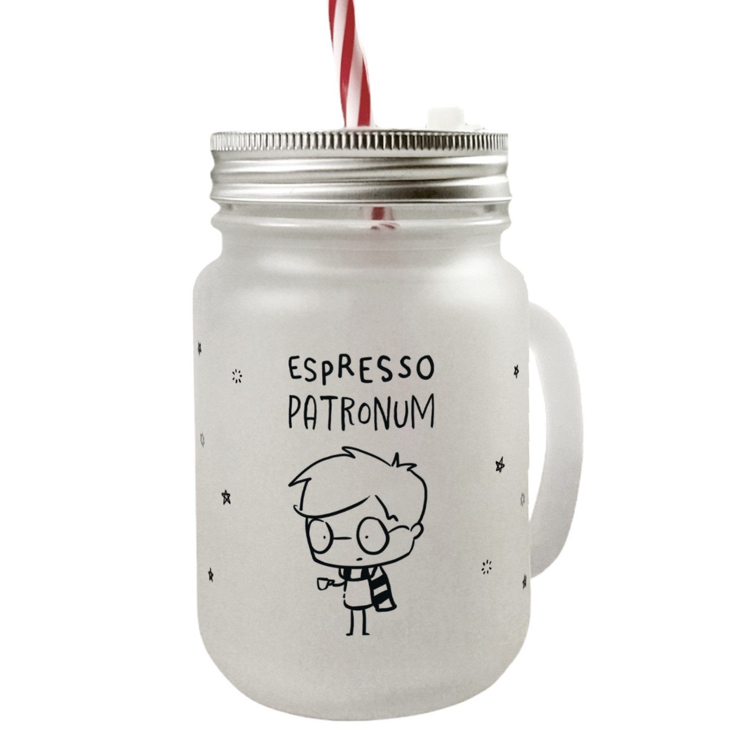 Glas Zauberer mit Espresso Mason Jar Henkel Trinkglas Deckel Spruch