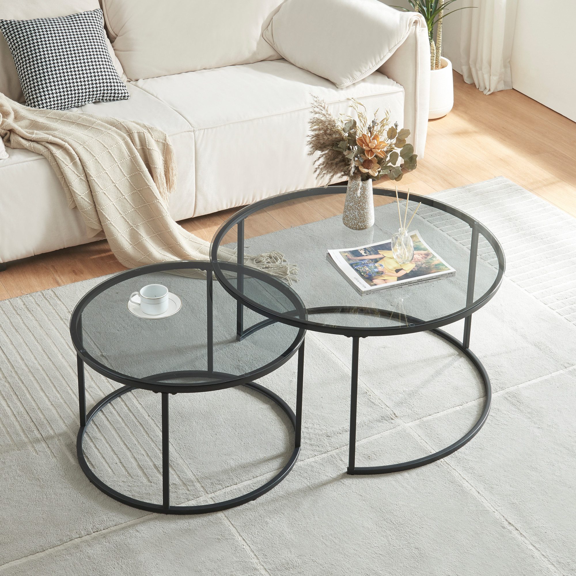 en.casa Couchtisch (Set, 2-St), »Kokkola« Satztisch rund Metall Rauchglas