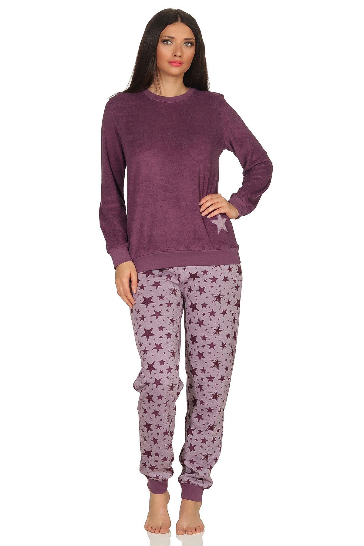 Normann Pyjama Damen Frottee Pyjama Schlafanzug mit Bündchen –Sterne als  Motiv - auch in Übergrößen 93020