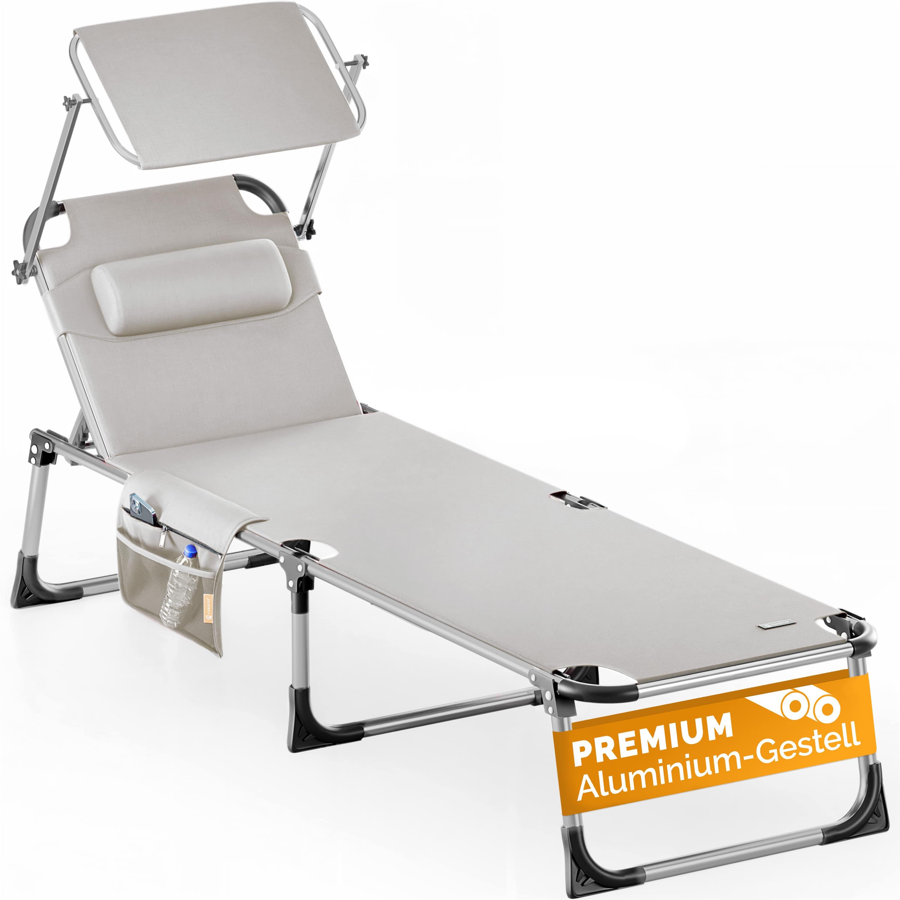 Casaria Gartenliege Malta, Alu Sonnenliege Klappbar mit Dach Liegestuhl Strand Wetterfest Creme