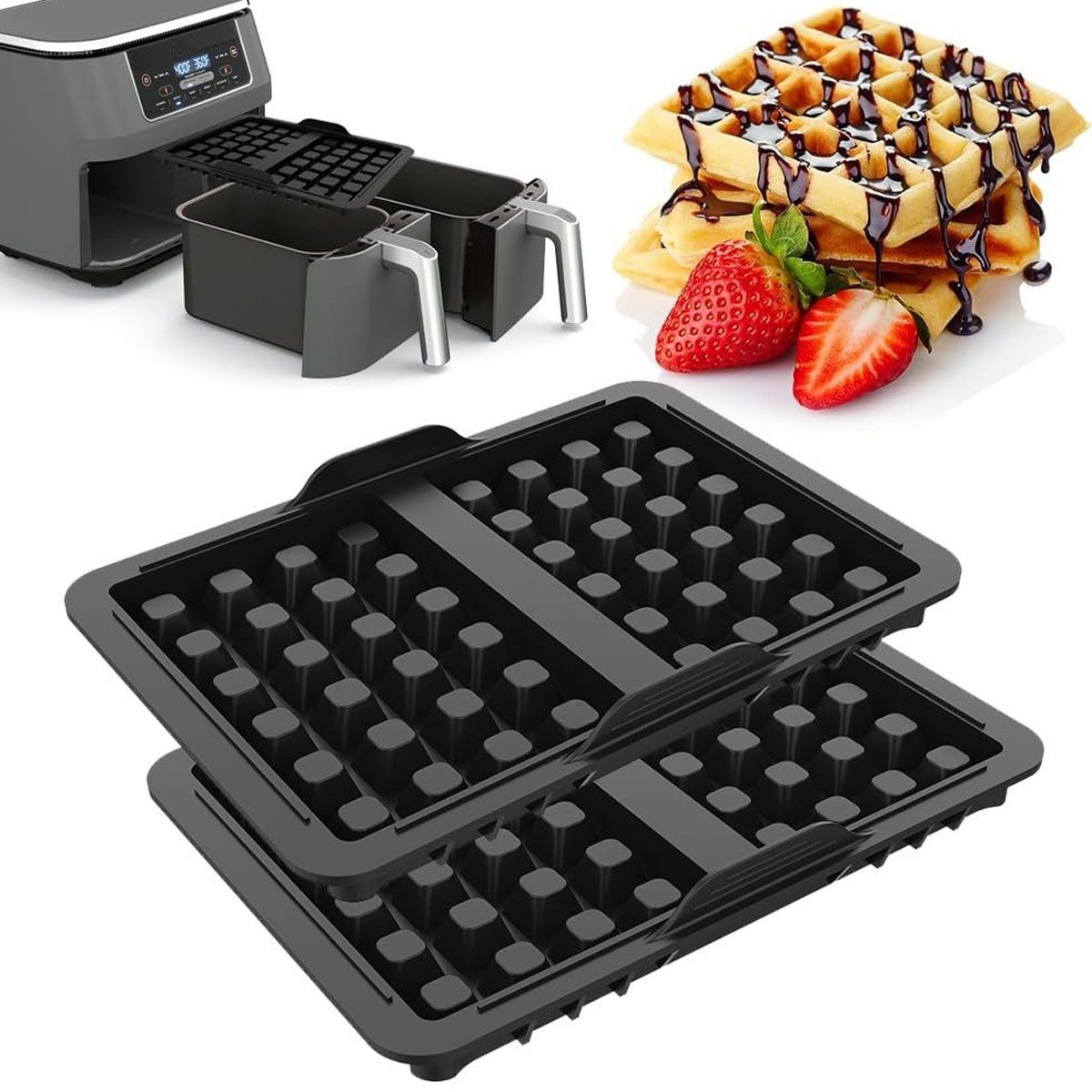 SURFOU Backform Waffelformen Waffel-Einsätze für Ninja Heißluftfritteuse – 2 Stück, (Heißluftfritteuse Zubehör - Backschaleneinsatz aus Silikon, Belgische Waffeleisen Silikon Zubehör, Hitzebeständige Waffelformen (bis 230°C) für Ninja AF300EU, AF400EU, AF451EU, AF500DE, SL400EU – Spülmaschinenfest & Antihaft 2-tlg), BPA-frei, Sicher, anglebig, antihafteigenschaften und geruchsneutral