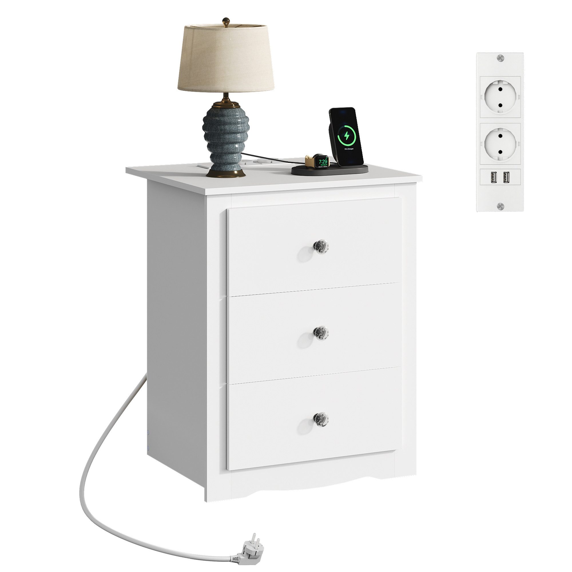 WLIVE Nachttisch Beistelltisch, 3 Schubladen mit Ladestation, (Packung, 1-St), Ladestation (2 Steckdosen/2 USB)