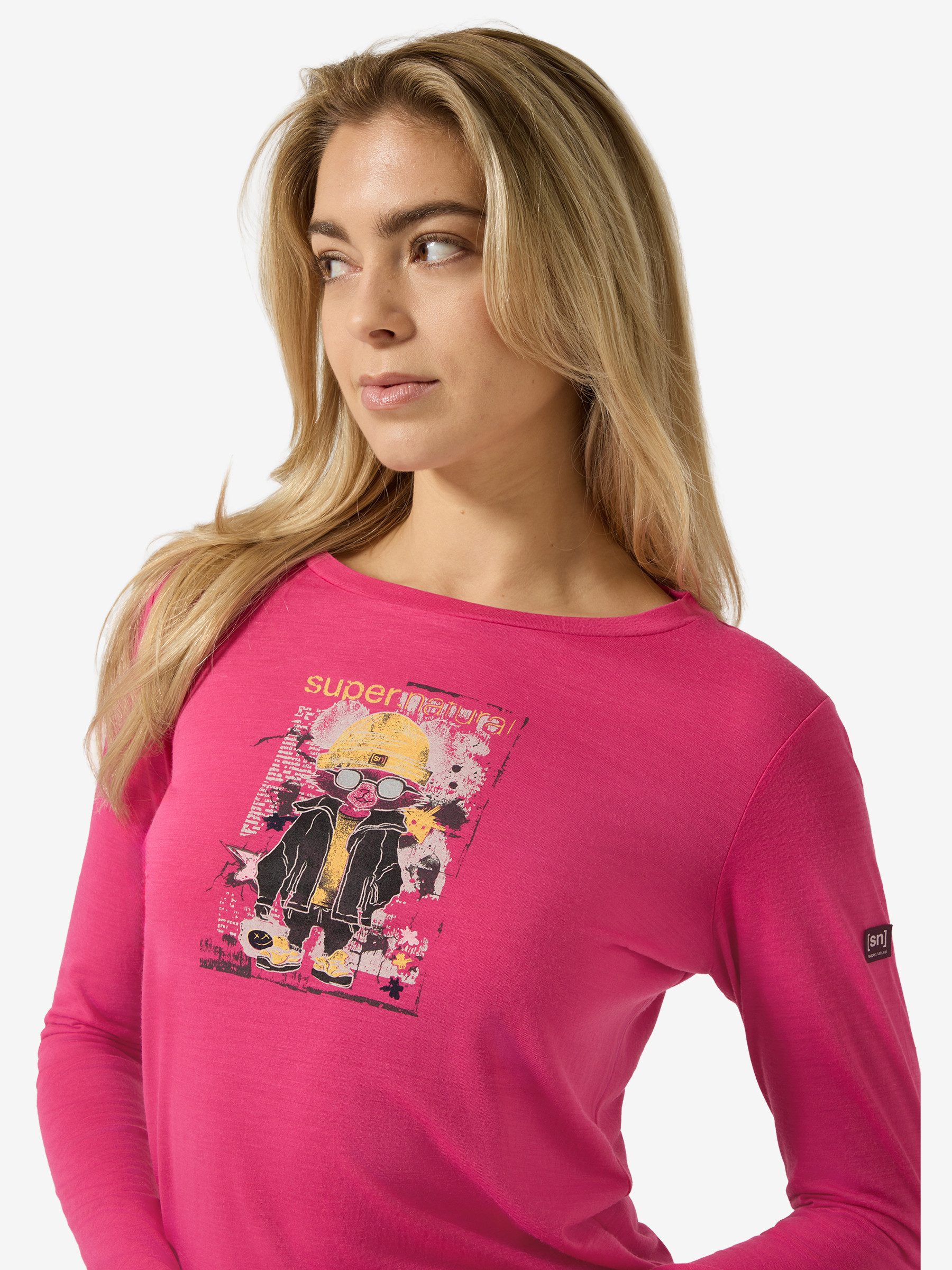 SUPER.NATURAL Langarmshirt für Damen,Merino W CRAZY MOUSE LS mit Aufdruck, autmungsaktiv
