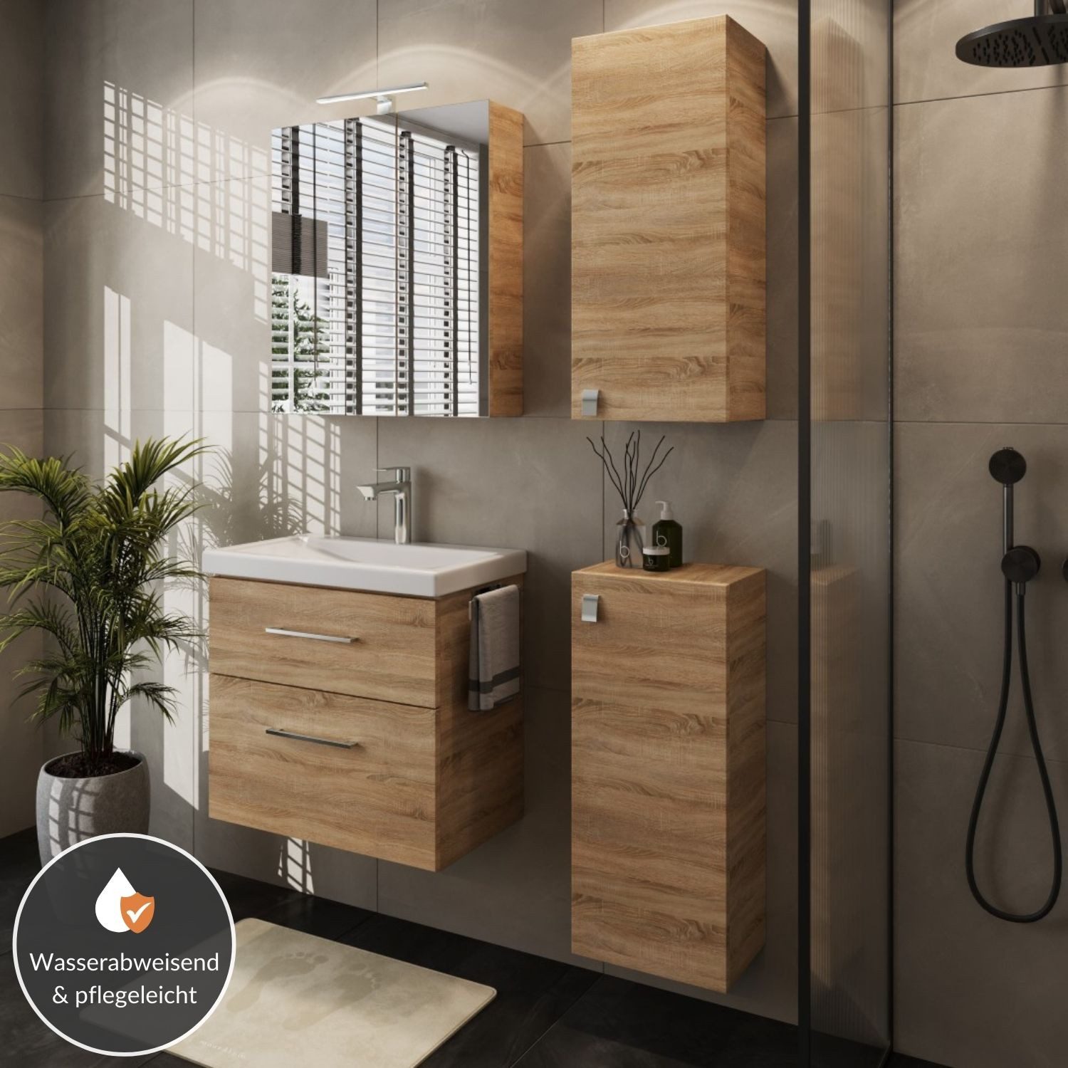 Planetmöbel Badmöbel-Set Badmöbel-Set mit Spiegelschrank 63cm und 2x Midischrank, (Waschbecken mit Unterschrank, Spiegelschrank Bad mit Beleuchtung)