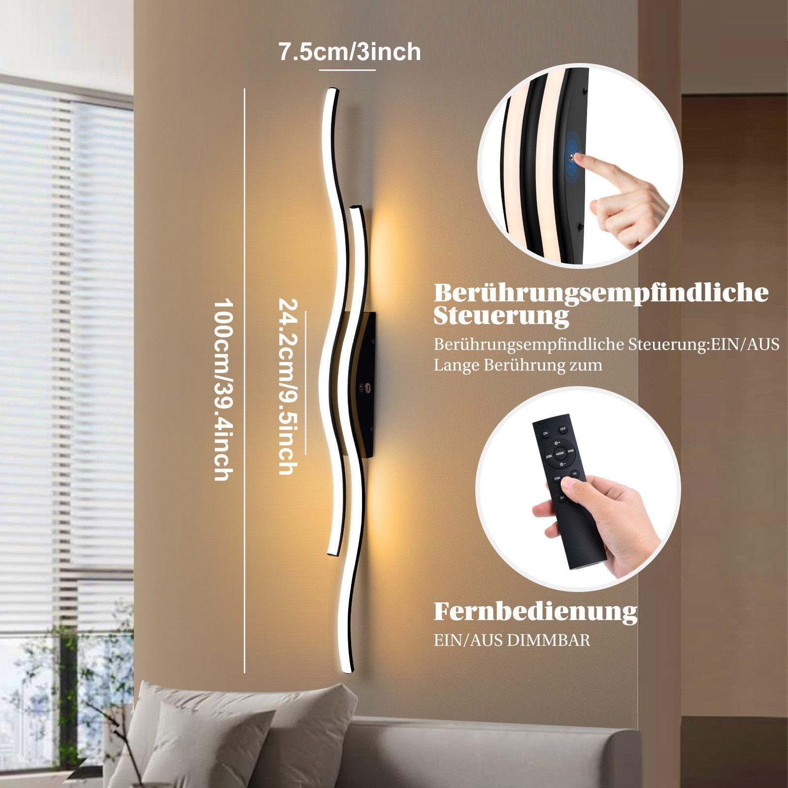 MUPOO LED Wandleuchte LED Wandleuchte Innen,Moderne Wandlampe für Schlafzimmer, LED fest integriert, Wave Line Wandbeleuchtung,Fernbedienung & Touch-Steuerung,Timer