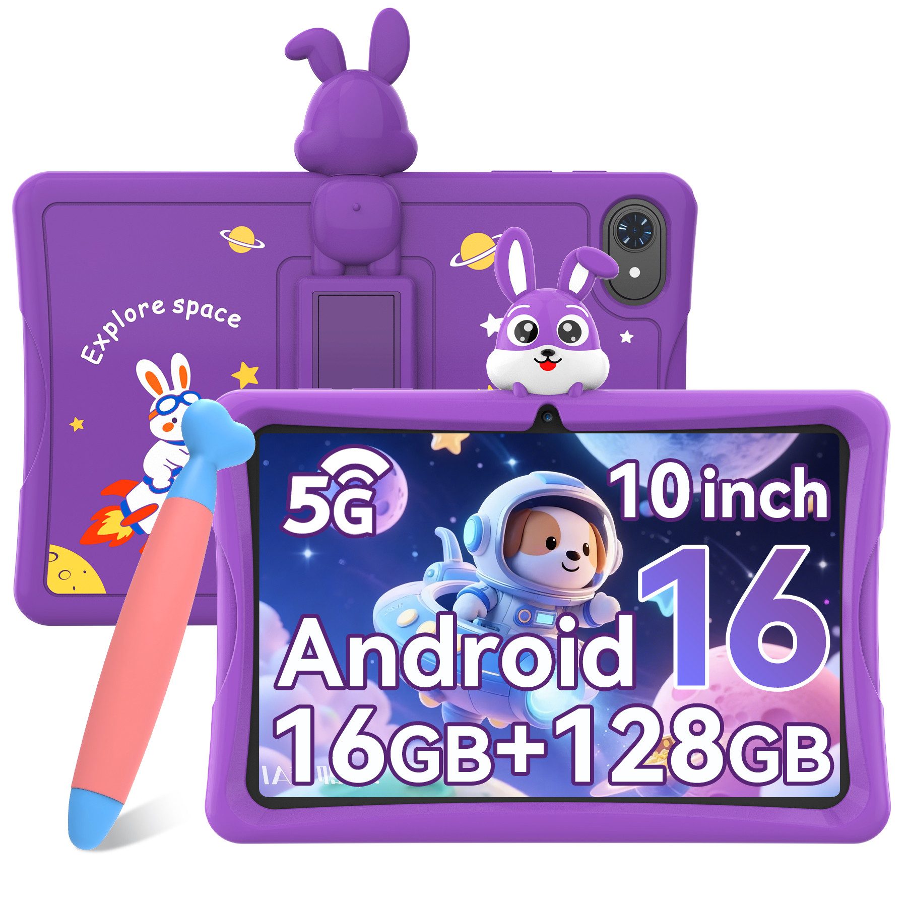 TABWEE 10" Android 16 Kindertablet 128 GB mit Stift Tablet (10", 128 GB, Android16, 5000mAh, stoßfeste Silikonhülle, Elternkontrolle, Google Kids Space)