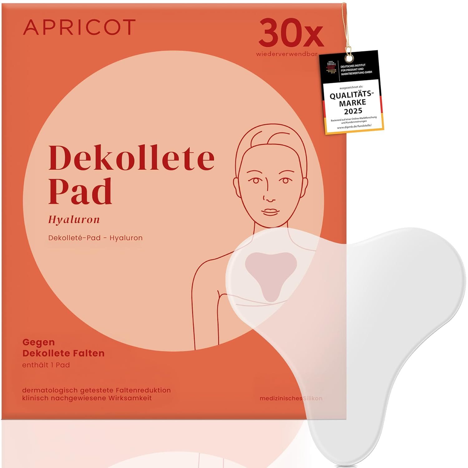 Apricot Dekolletee-Maske Anti-Falten-Pad aus medizinischem Silikon mit Hyaluron Dermatologisch bestätigt Vegan Tierversuchsfrei, 1-tlg., Bis zu 30-mal wiederverwendbar