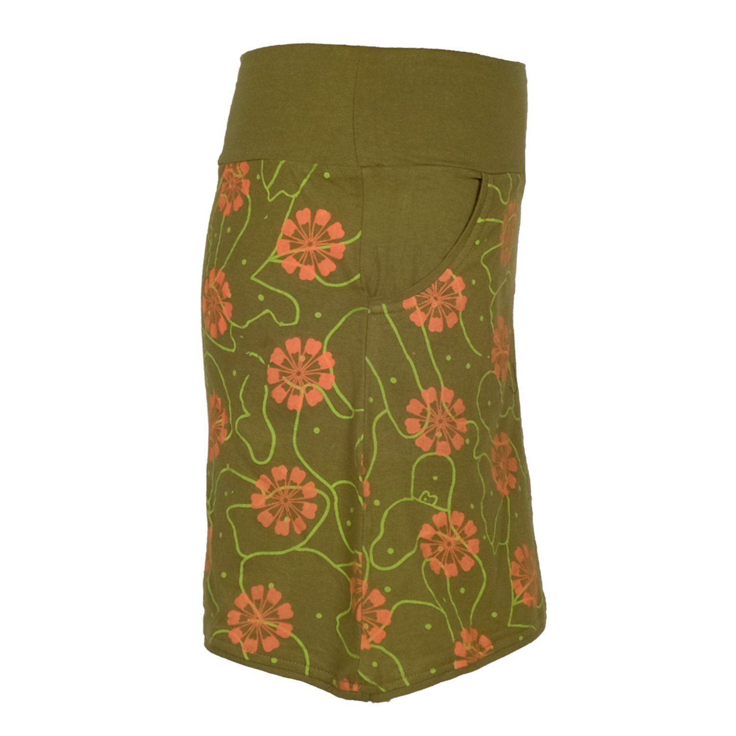 Style 70er Blumen Retro Jahre Muster 80er Taschen Jerseyrock Ornamente, Vishes olive bedruckt Baumwoll-Rock Hippie Goa,