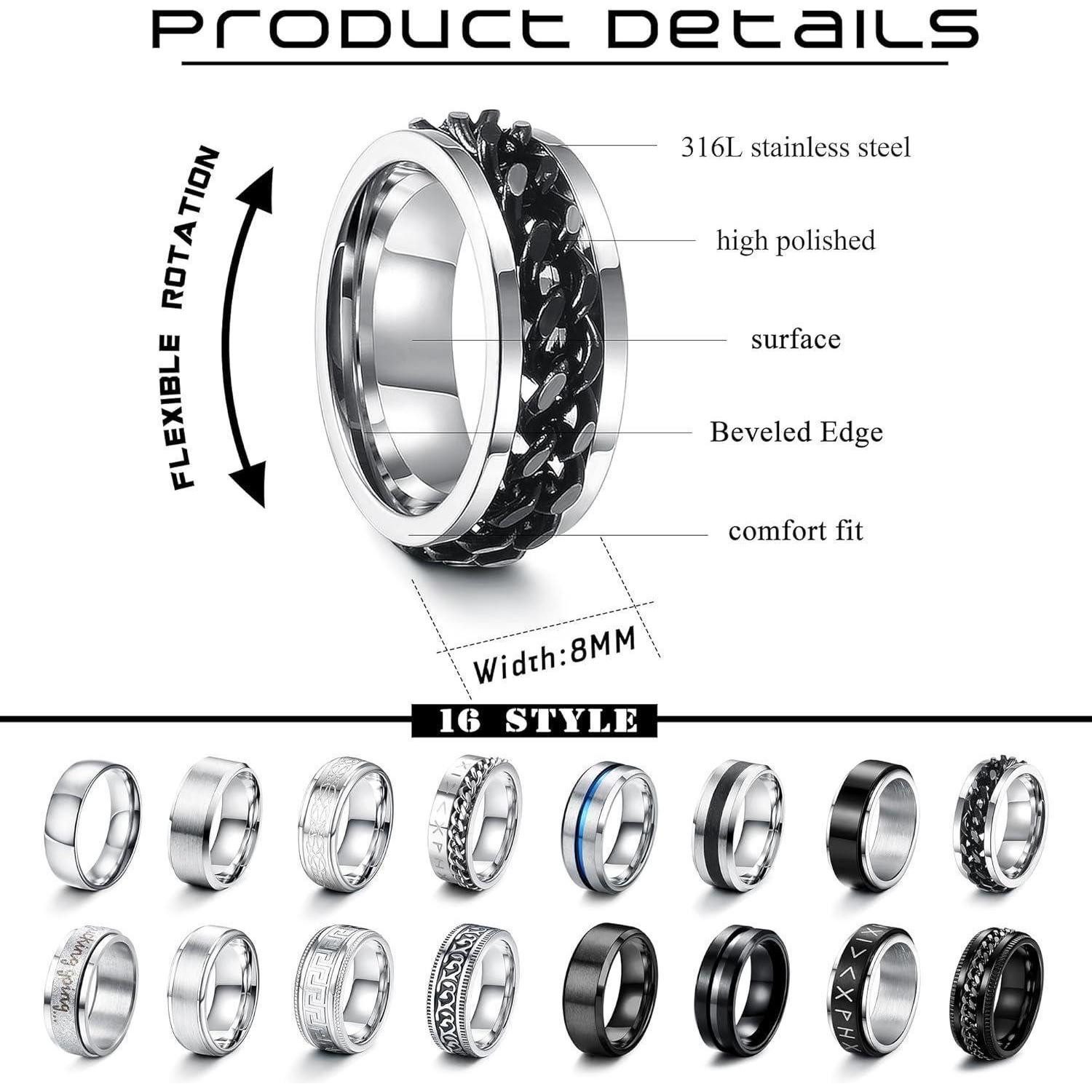 LuxusKollektion Ring-Set 16er Set Edelstahl Herren Ringe Silber Schwarz Matt Finish Keltischer