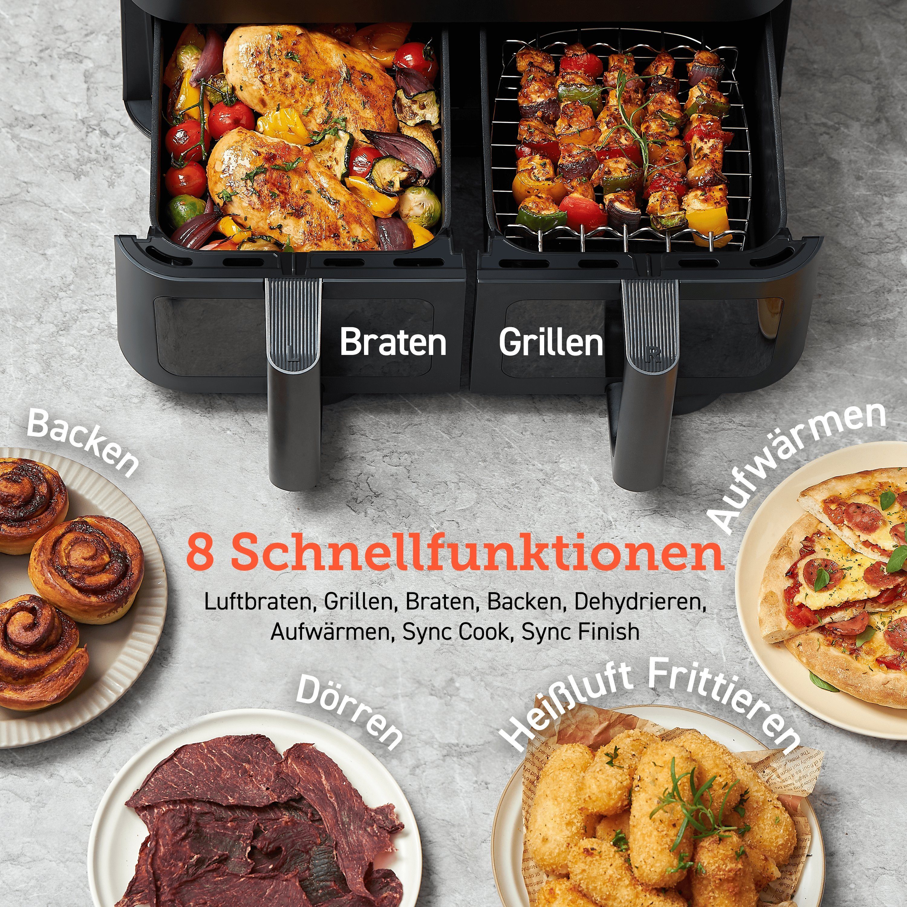 Cosori Heißluftfritteuse DualBasket, Doppelkammer, 8.5L Max Airfryer+Zubehör, 50+Online Rezepte, 1750,00 W, 8 in 1 Funktionen, Sichtfenster, Energiesparend, Schwarz