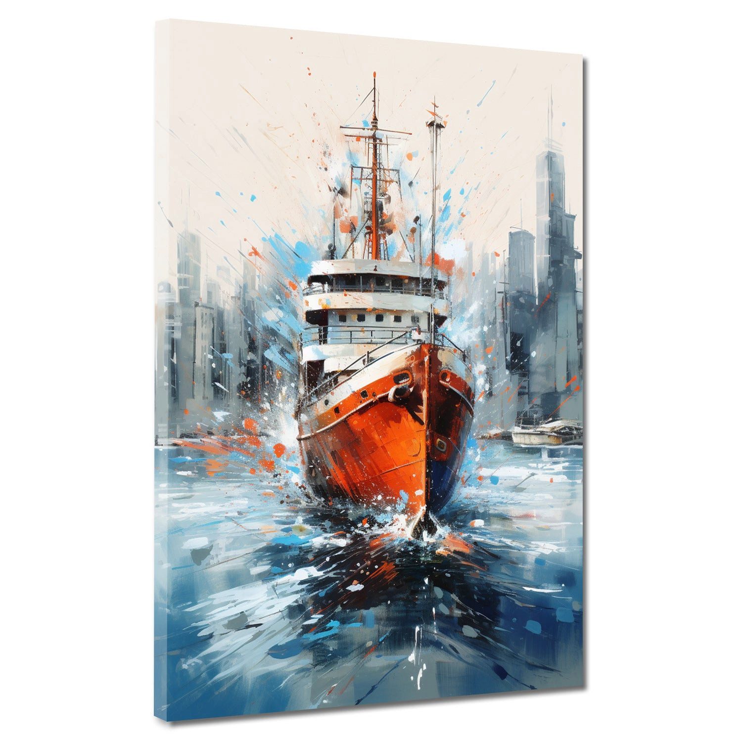 Artedinoi Leinwandbild Schiff vor Skyline Maritim Modern Leinwandbild Wandbild XXL Deko, Schiff vor Skyline