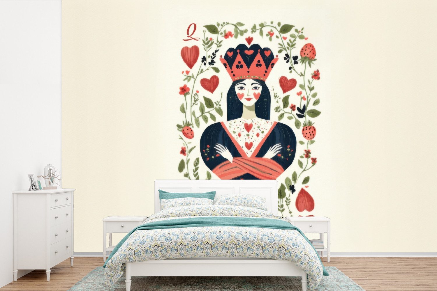 MuchoWow Fototapete Spielkarte - Herzkönigin - Blumen - Herzen, Matt, bedruckt, Wallpaper für Wohnzimmer, Schlafzimmer, Vinyl Tapete, 330x220 cm